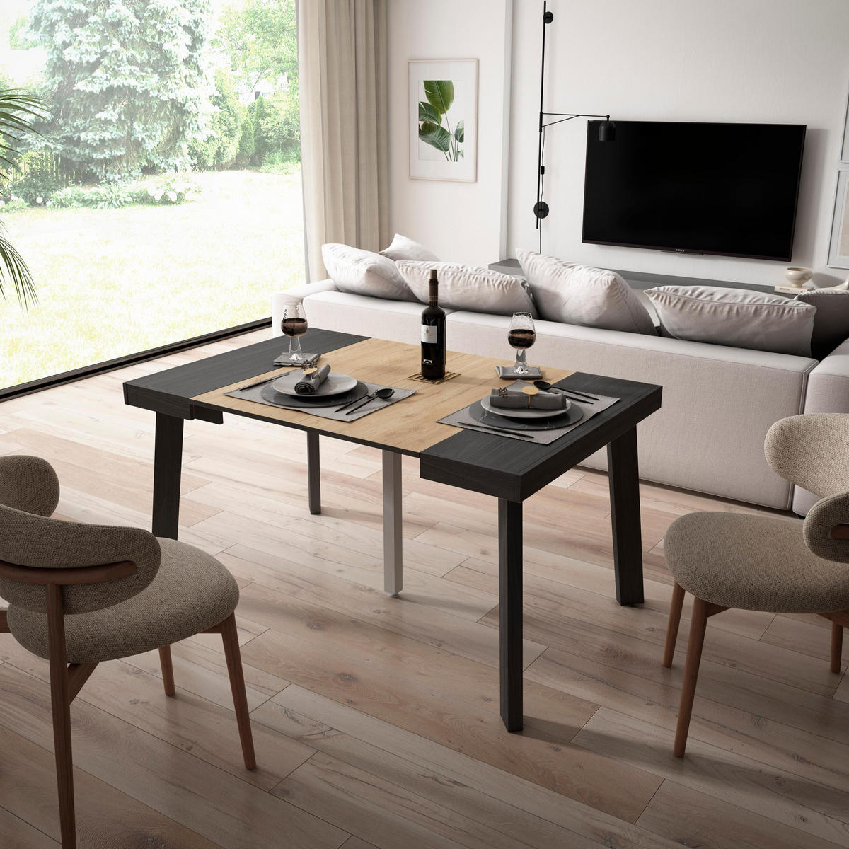 KONSOLENTISCH ausziehbar 58 bis 140cm, für 6 Gäste, schwarz eiche, 90/58/73cm - Eichefarben/Schwarz, Holzwerkstoff (90/140/73cm) - Skraut Home