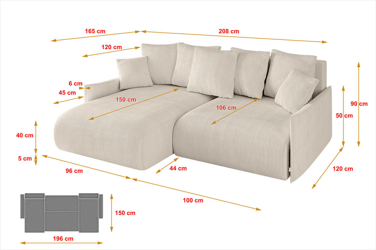 ECKSOFA mit Schlaffunktion und Bettkasten ONESK-L -v1 208x165x40 Beige Cord - Beige, Holzwerkstoff/Kunststoff (208/165cm) - ALTDECOR