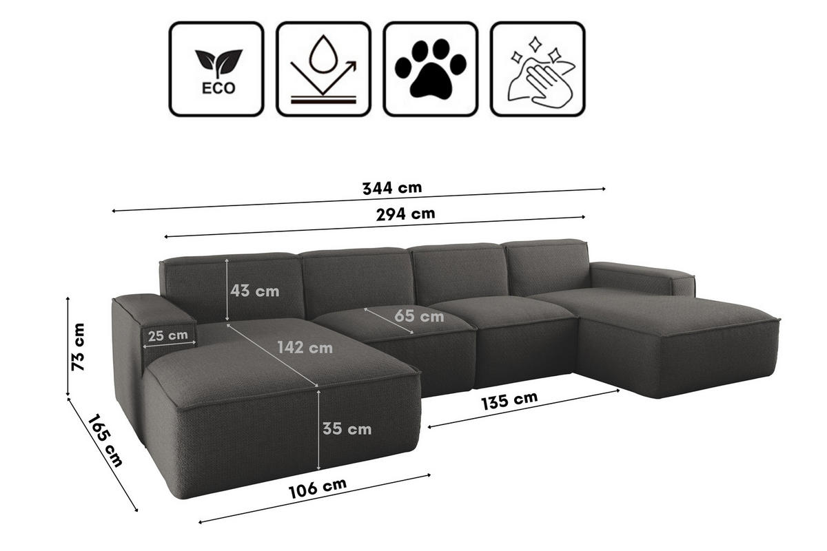 ECKSOFA U-Form Siena mit Stoff Artico Anthrazit - Anthrazit, Holz (344/165cm) - Kaiser Möbel