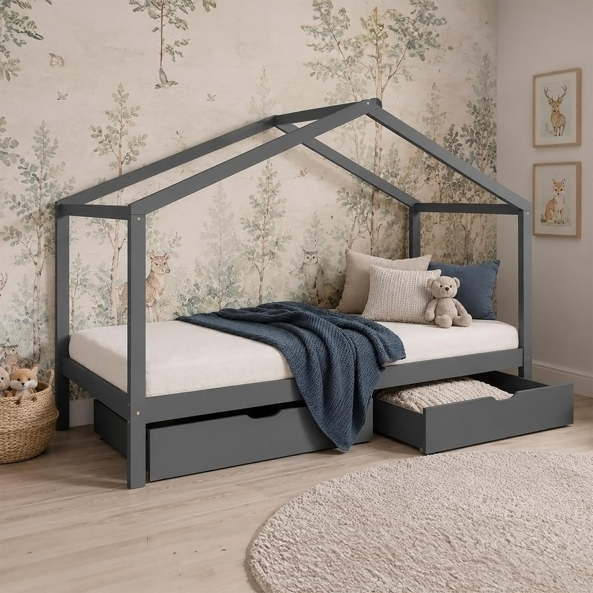 HAUSBETT mit Matratze mit Stauraum 90/200 cm Grau - Grau, Holz (208/160/96cm) - Homestyle4u