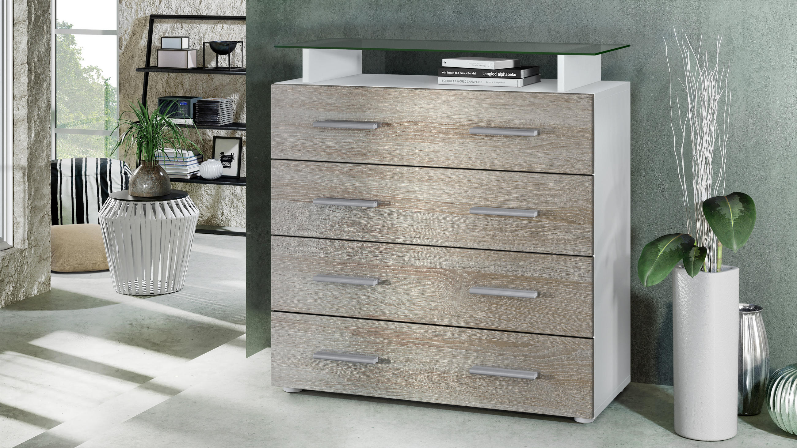 KOMMODE Pavos Eiche sägerau - Eiche San Remo, Holzwerkstoff (76/81/35cm) - Vladon