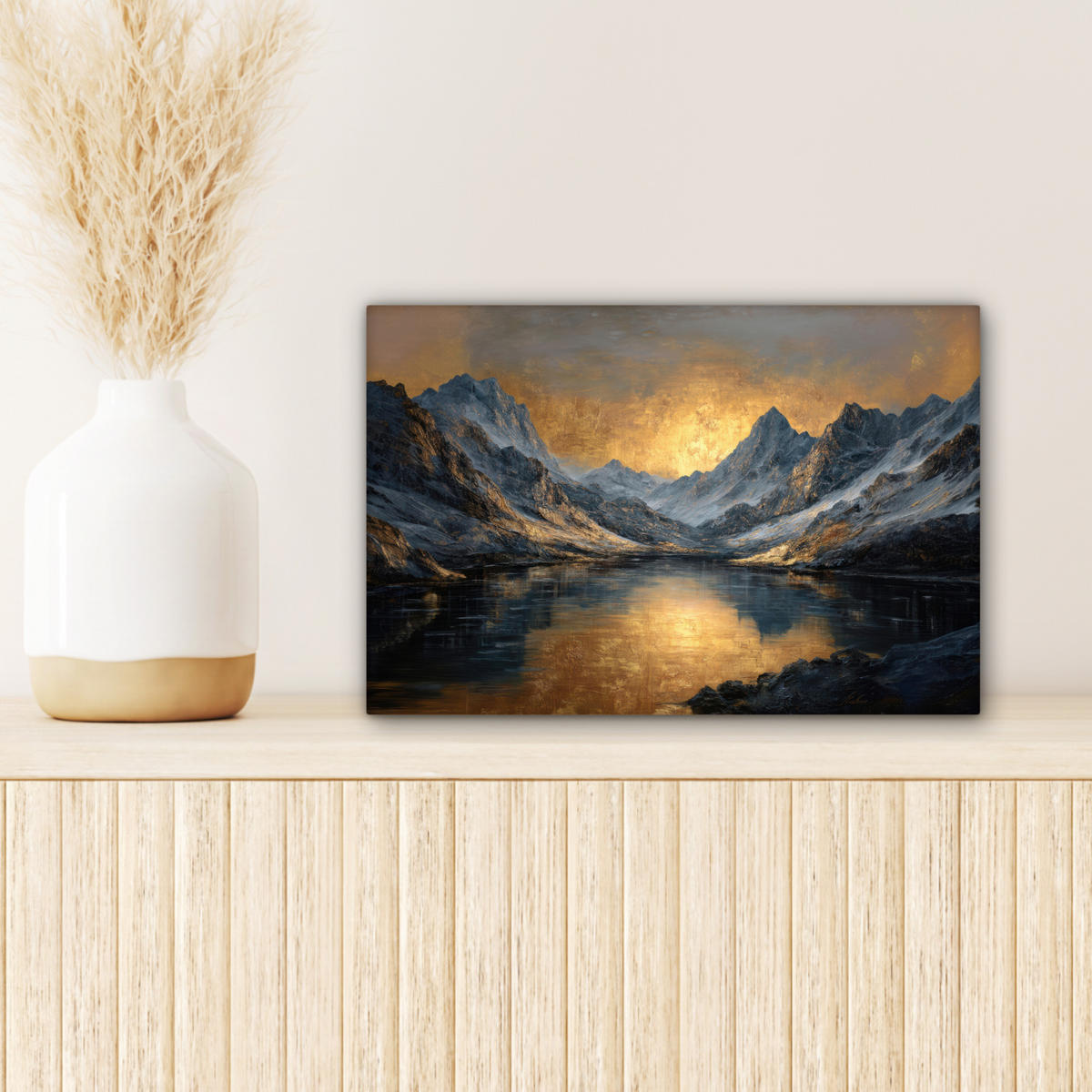 LEINWANDBILD Bergkulisse mit goldenem Sonnenuntergang Deko Schlafzimmer 30x20 cm - Goldfarben, Textil (30/20cm) - MuchoWow