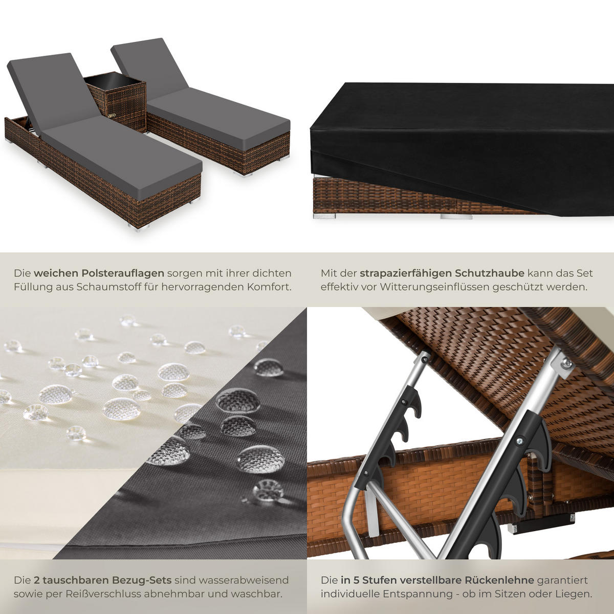 RATTAN-SONNENLIEGE 2er Set,wetterfest und UV-beständig,braun - Braun, Kunststoff (60/21/184cm) - tectake