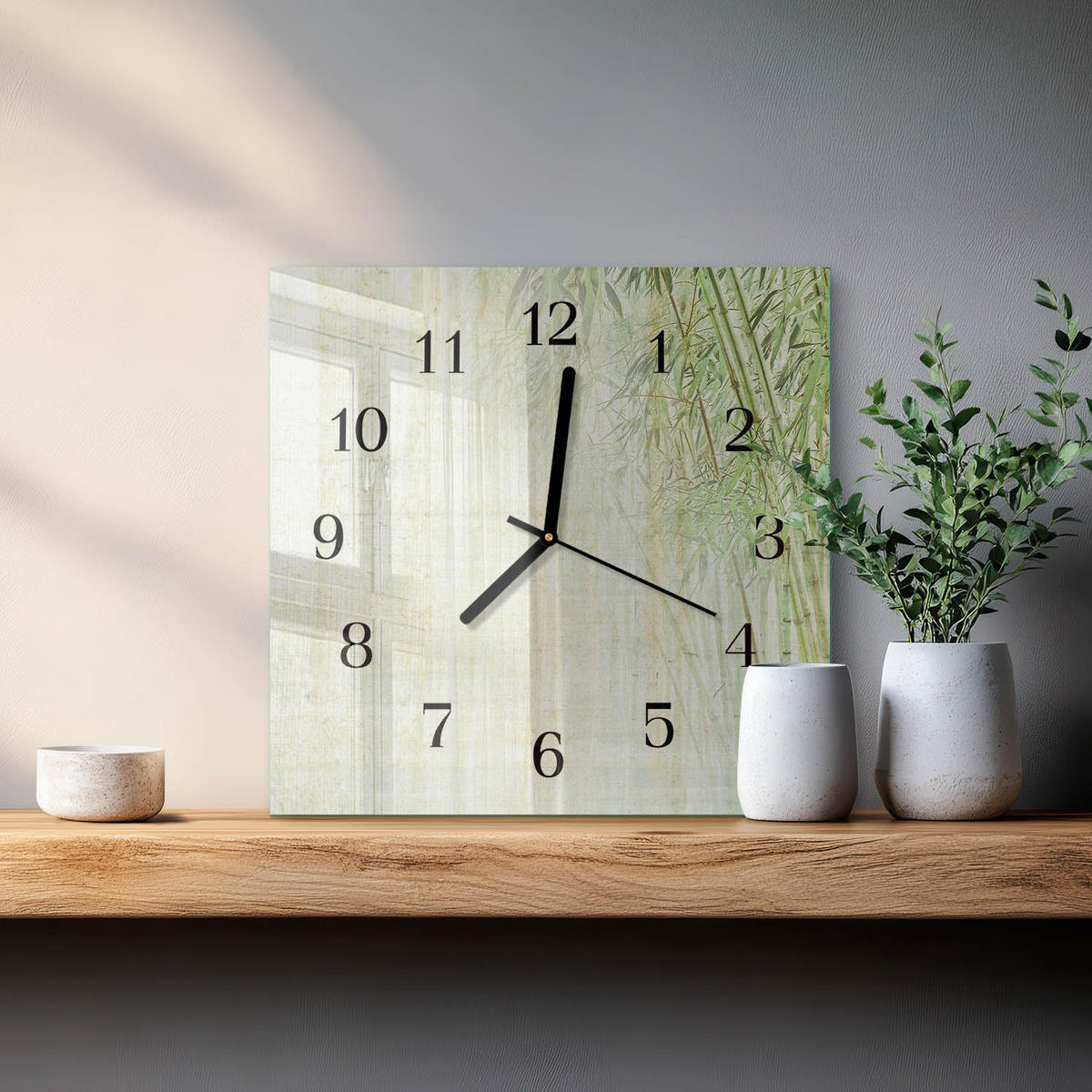 WANDUHR 30x30 cm - Bambuspflanze - Grün, Glas (30/30/0.4cm) - TULUP