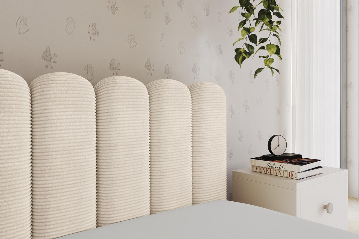 EINZELLBETT Jugendbett mit Bettkasten und Matratze H3/H4, Links - HUGY 100x200 Beige - Creme, Holzwerkstoff/Textil (100/200cm) - ALTDECOR