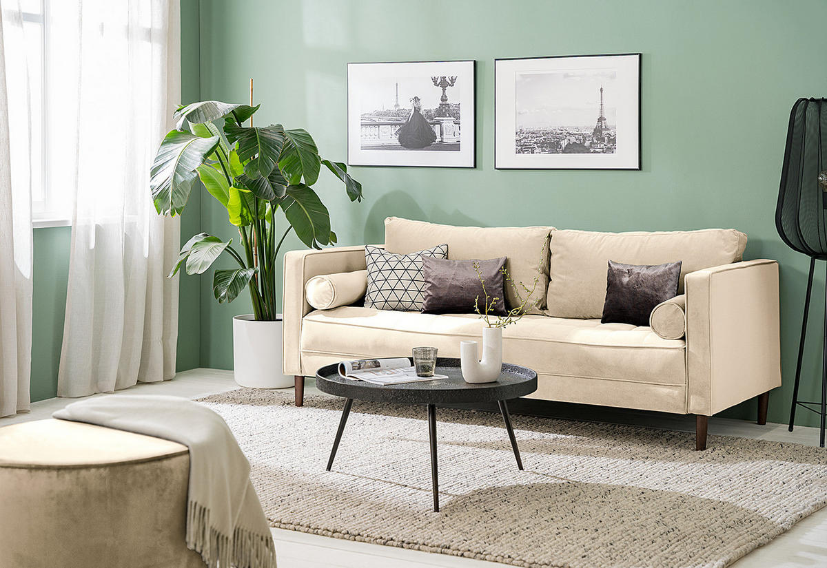 3-SITZER SOFA - Samt - Creme, Textil (191/80/86cm) - home24