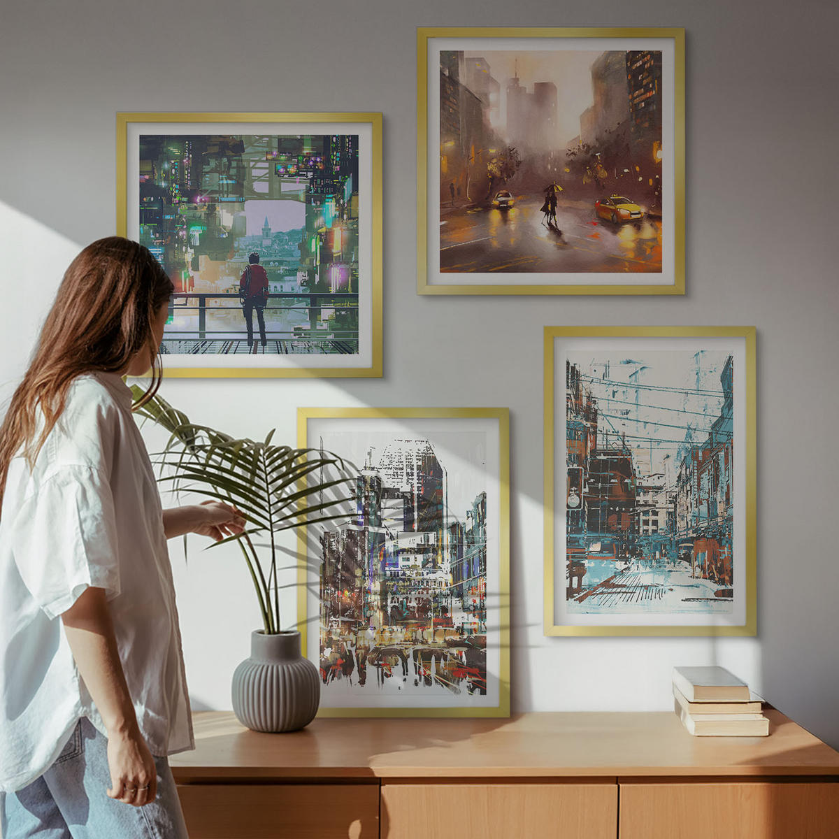 WANDBILDER 4er Set - 50x50 cm & 40x60 cm Goldrahmen - Moderne, farbenfrohe Städte mit Charakteren - Goldfarben, Kunststoff (50/50cm) - ArtPrintCave