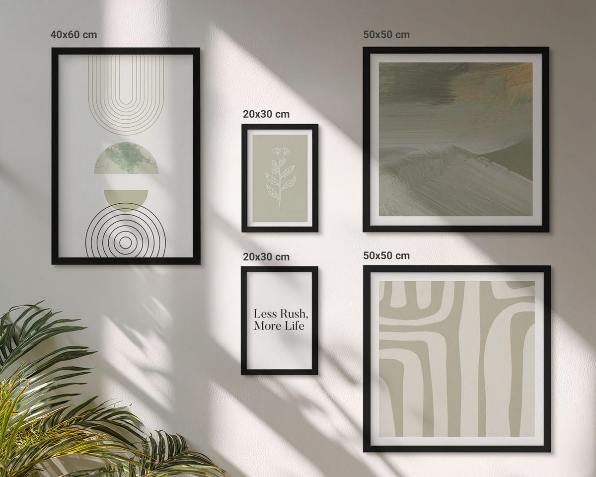 BILDER SET 5er Set - 50x50 cm & 20x30 cm & 40x60 cm Schwarzer Rahmen - Geometrische Pflanzenmuster - Schwarz, Kunststoff (40/60cm) - TULUP