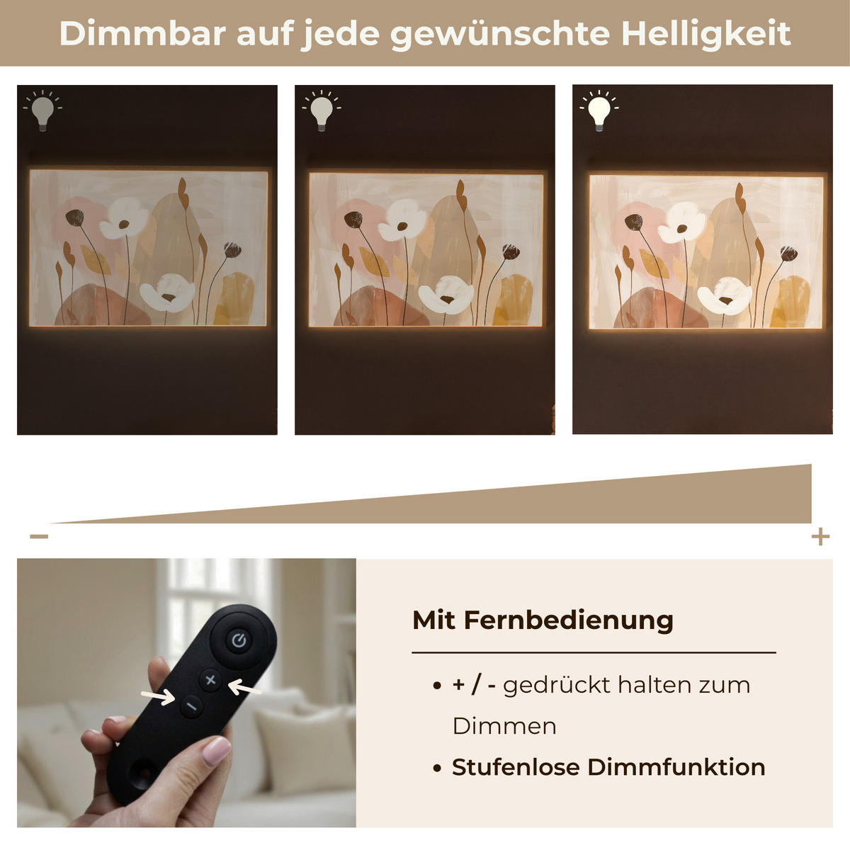 WANDLEUCHTE MIT AKKU Blumen - Abstrakt - Beige - Strichzeichnung 90x60 cm - Sandfarben, Holzwerkstoff (90/60/8cm) - OnlyWow