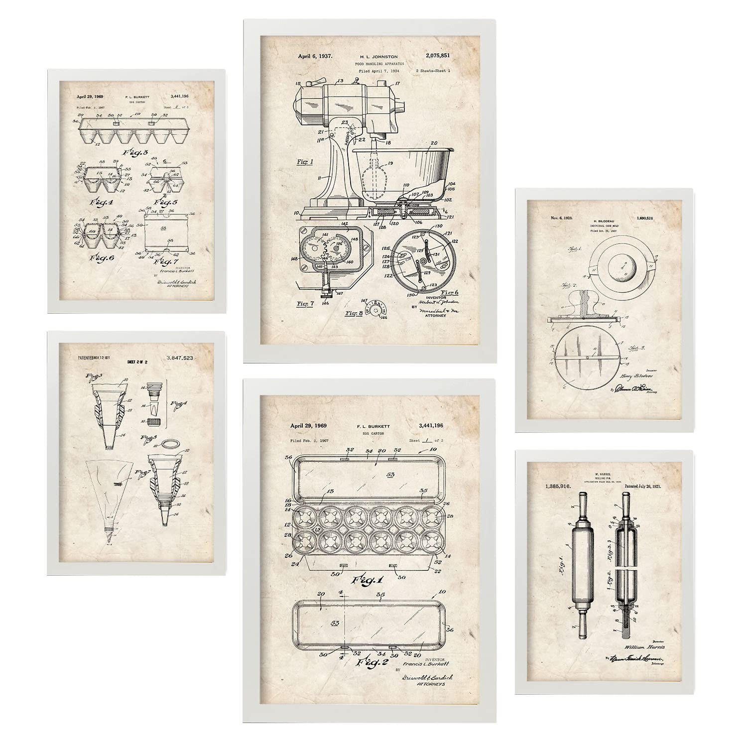 POSTER Set Mit 6 Plakaten Mit Küchengeräte Patenten Im Vintage Stil A3 & A4 Weißer Rahmen - Weiß, Papier (29/3cm) - Nacnic