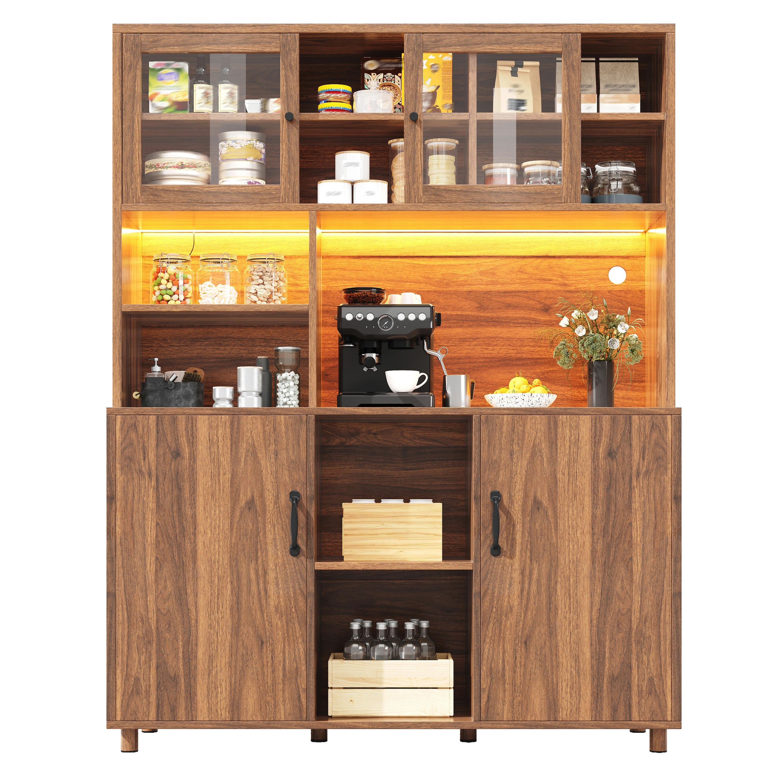 BUFFET 140x40x185cm LED Snackablage Walnuss - Braun, Glas (140/185/40cm) - FLIEKS