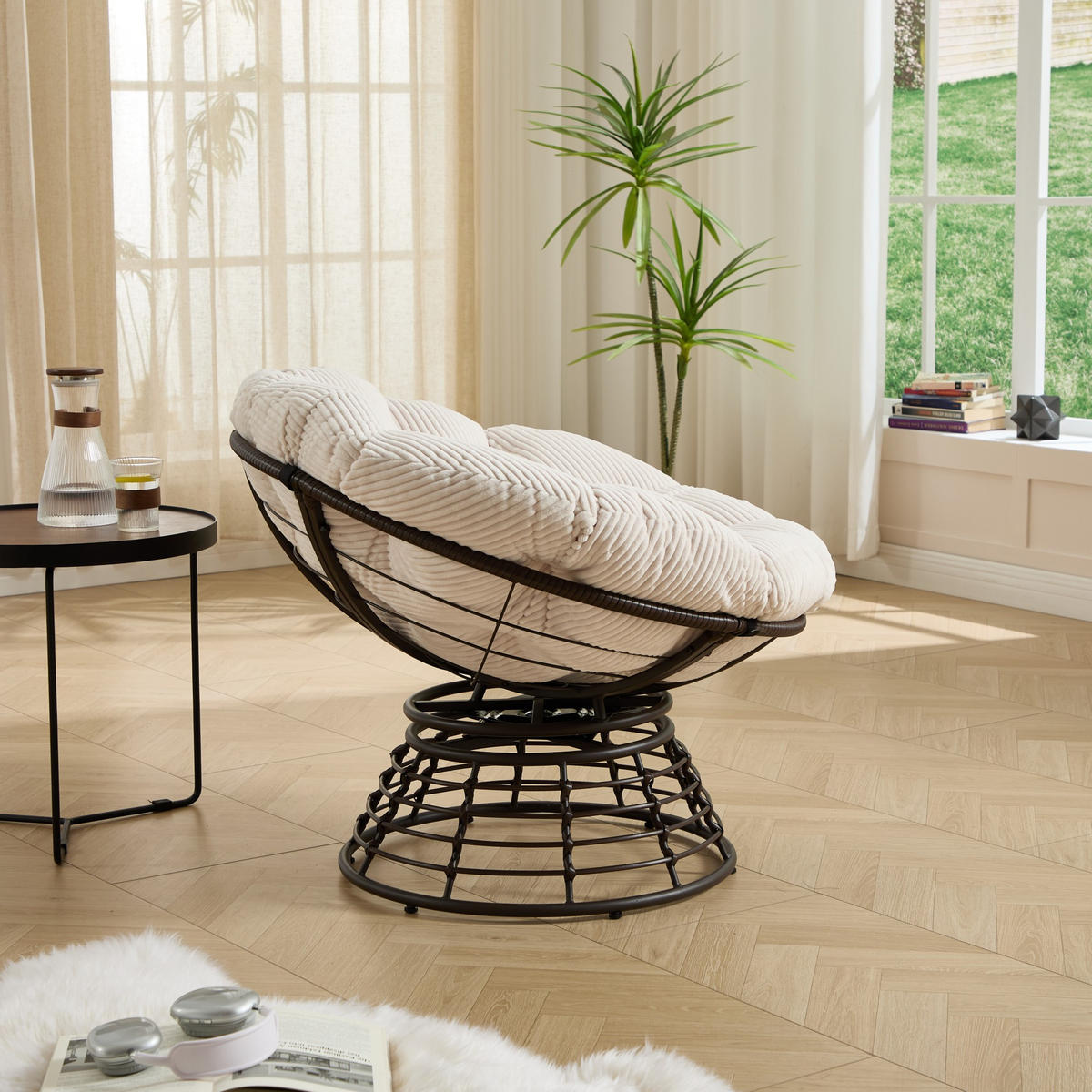 GARTEN-RELAXSESSEL Papasansessel, 360° drehbar,Rattan, Cord,Weiß - Weiß, Textil (60/67/92cm) - LVHOM