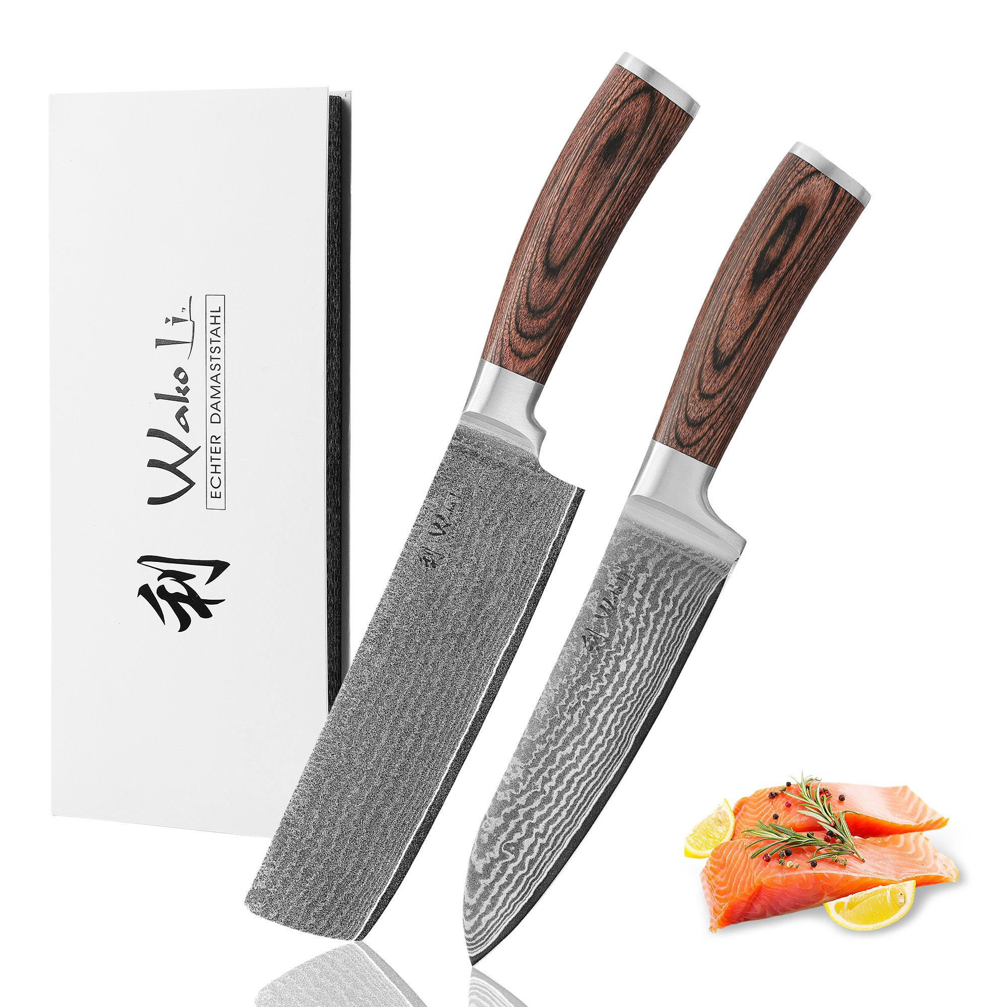 SANTOKU& Nakiri Messerset aus Damast I EDIB - Braun, Holz/Holzwerkstoff - Wakoli