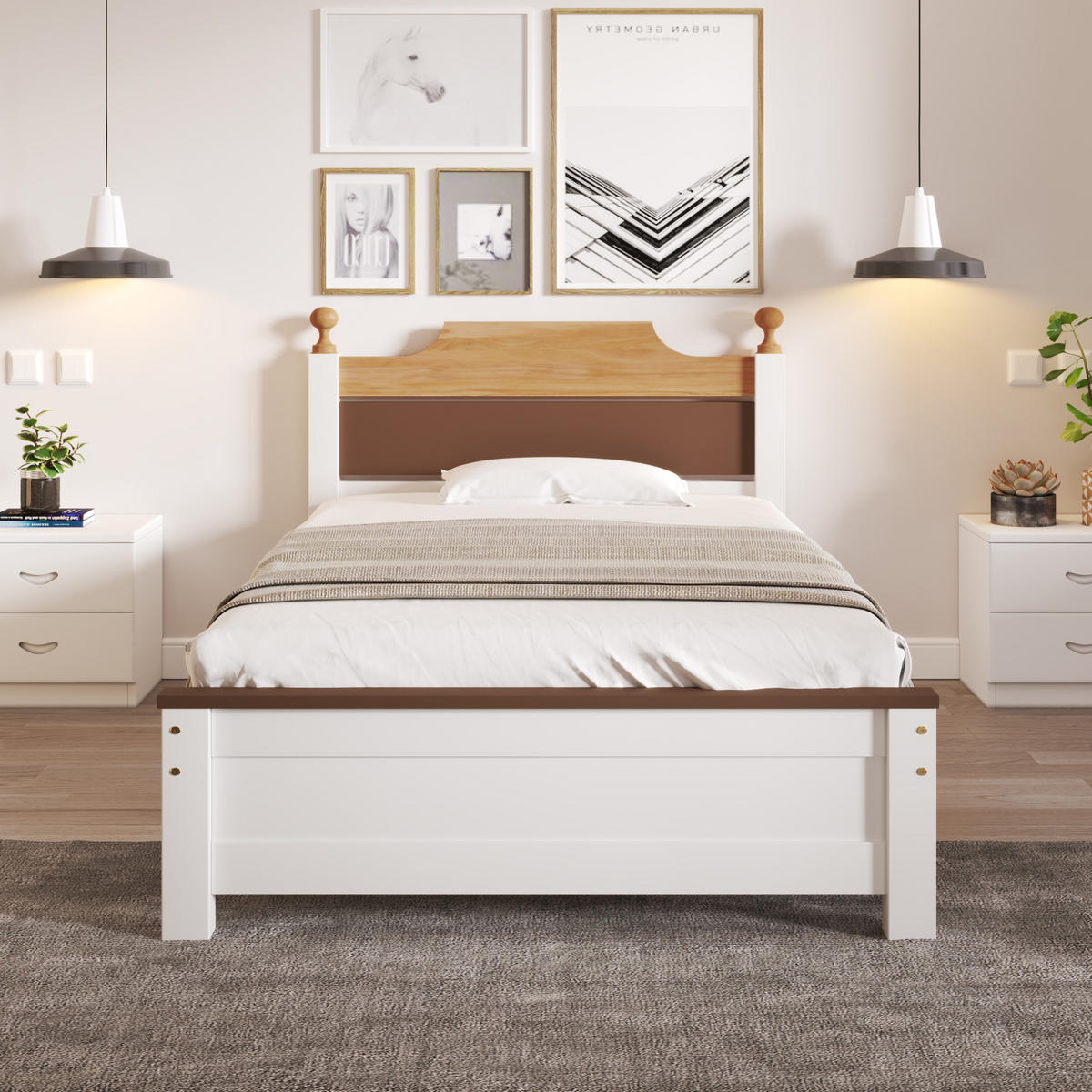 BETT 90/200 cm Weiß aus Massivholz und MDF mit Mittelfuß - Weiß, Holz (90/200cm) - OKMYHOME