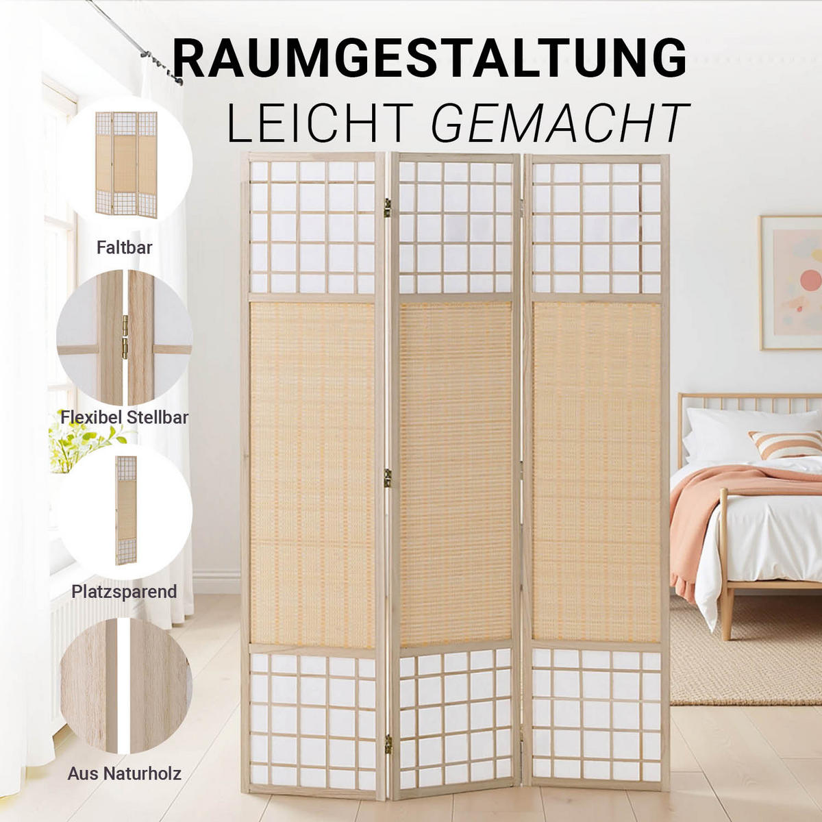 PARAVENT 120/170 cm Natur Holz Bambus Shoji - Naturfarben, Naturmaterialien/Holz (120/170/2cm) - Homestyle4u