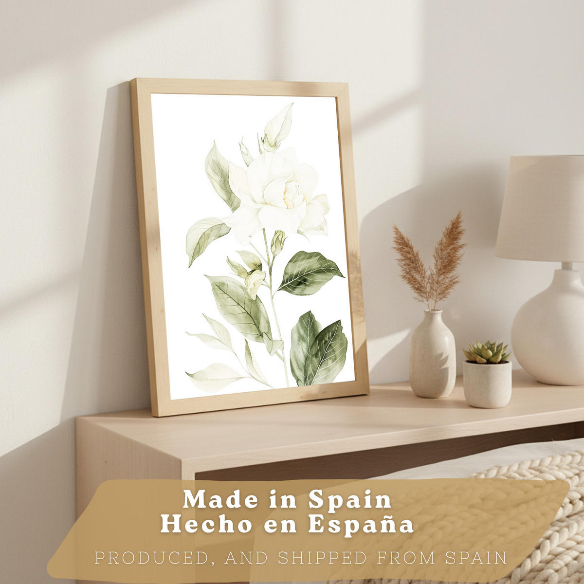 PLAKAT Sada 3 botanických tisků Zelenobílé květy. Akvarelové plakáty rostlin v jemných zelených tónech Obrázky. Rám z lehkého dřeva velikosti A3 - béžová, papír (29.7/42/3cm) - Nacnic