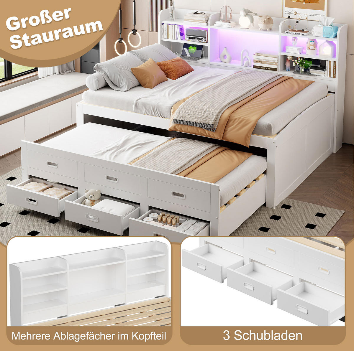 POLSTERBETT 140/200 cm Weiß aus Spanplatte und MDF mit LED-Leiste - Weiß, Holzwerkstoff (140/200cm) - OKMYHOME
