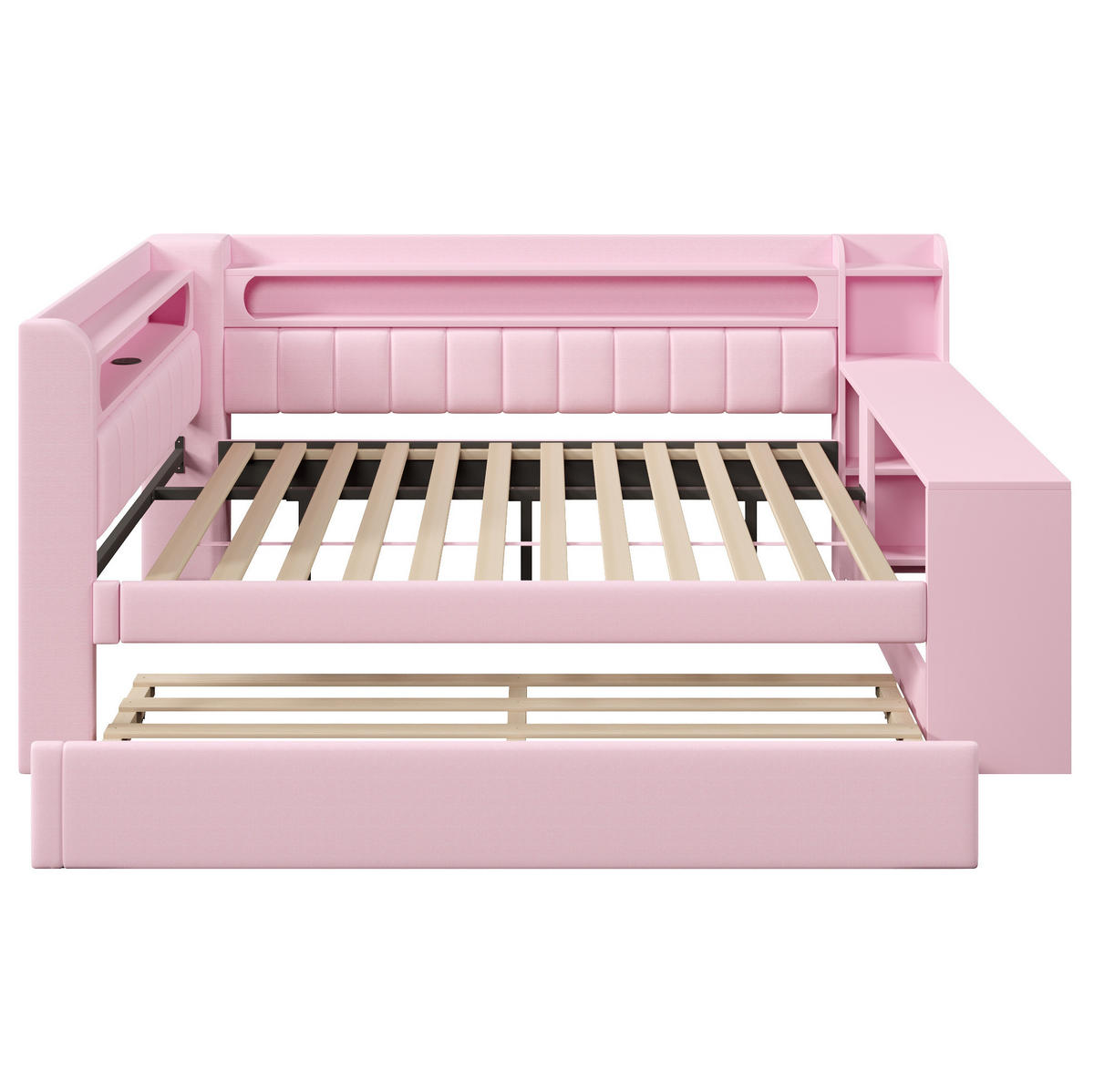 POLSTERBETT 140/200 cm rosa aus MDF mit LED und USB mit Ausziehbett und Schreibtisch - Rosa, Holzwerkstoff (140/200cm) - OKWISH