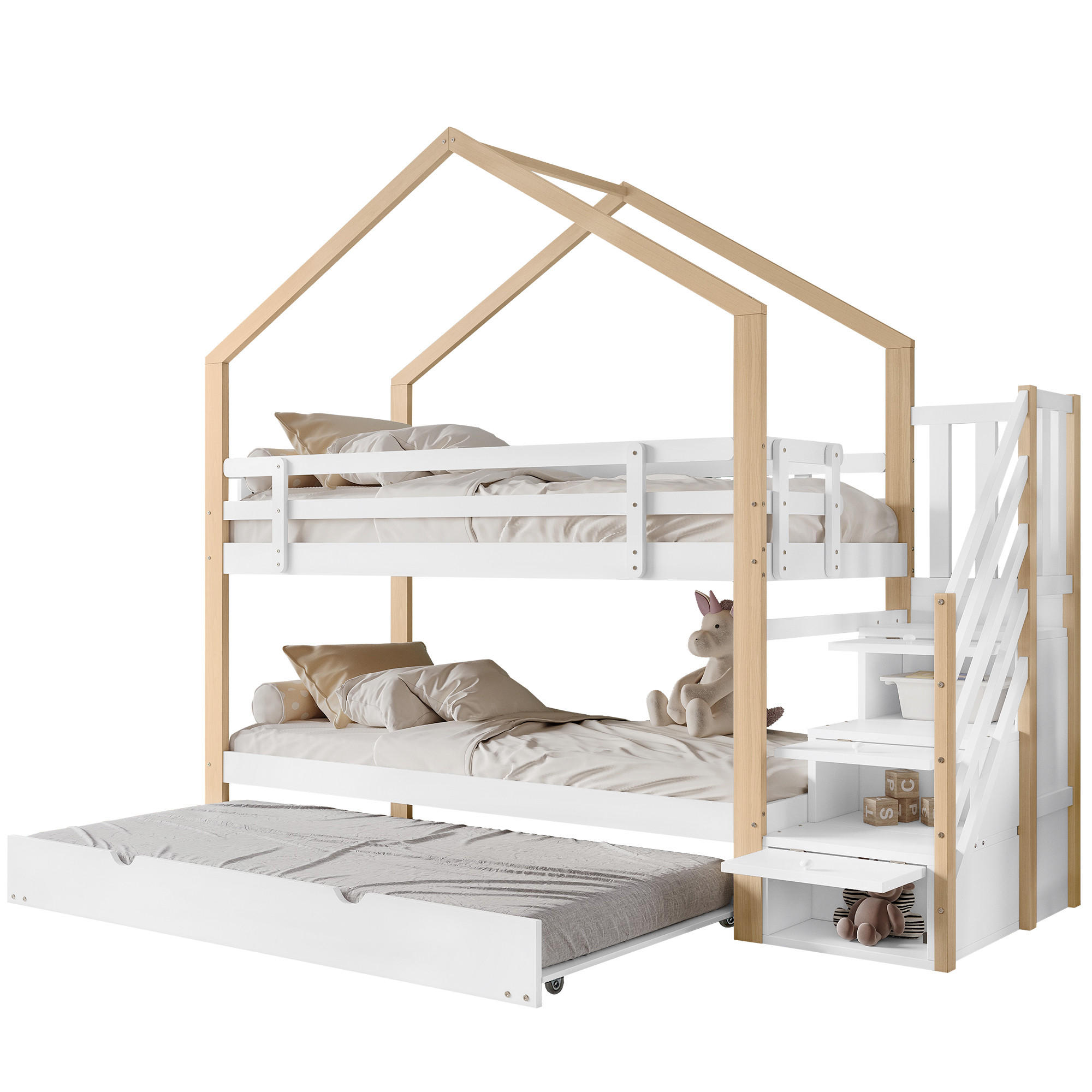 ETAGENBETT 90/200 cm weiß aus Massivholz mit Schiebebett und Treppe mit Schubladen - Weiß, Holz (90/200cm) - OKWISH