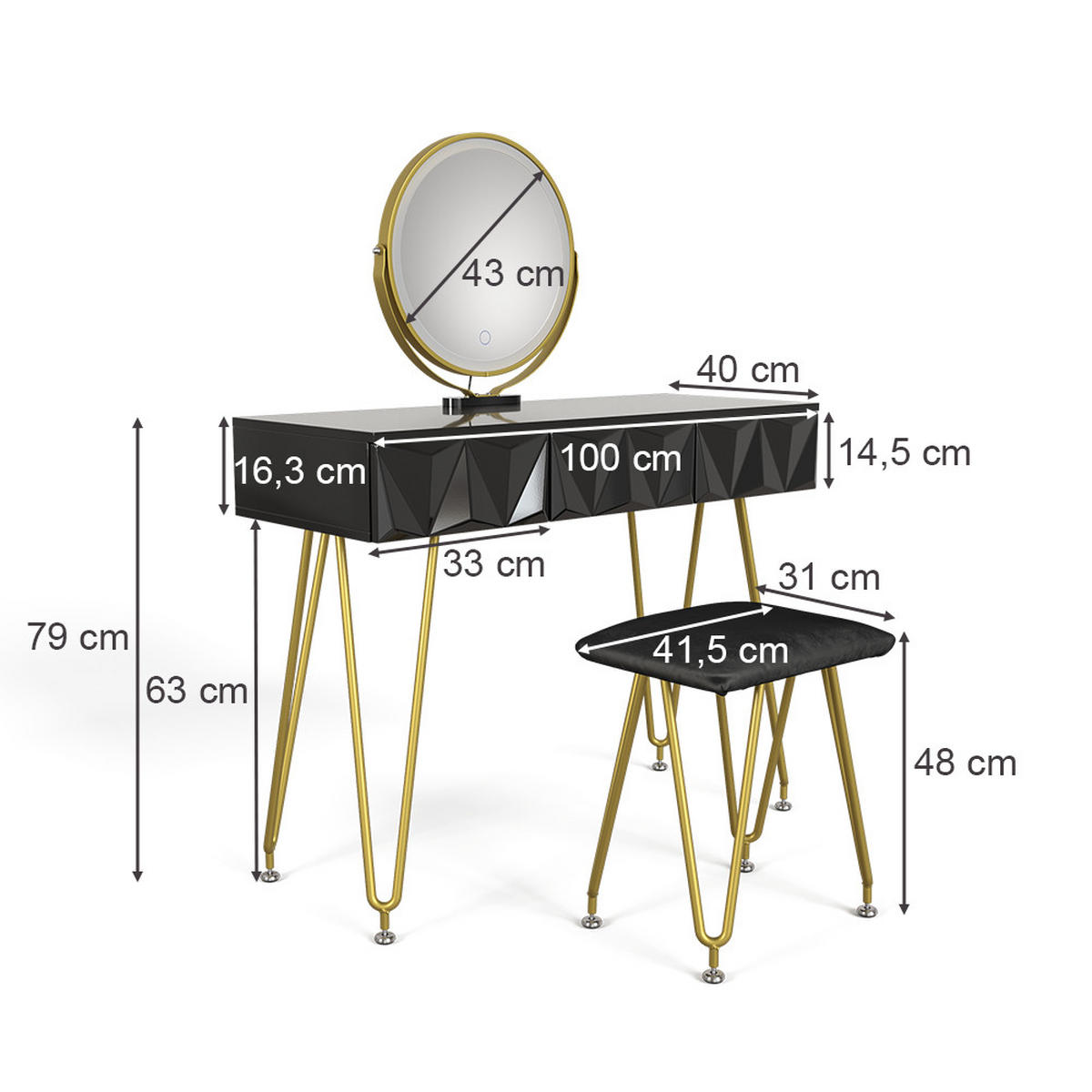 SCHMINKTISCH Ruby Schwarz 100 cm mit LED-Spiegel und Hocker - Schwarz, Holzwerkstoff (100/79/40cm) - Vicco