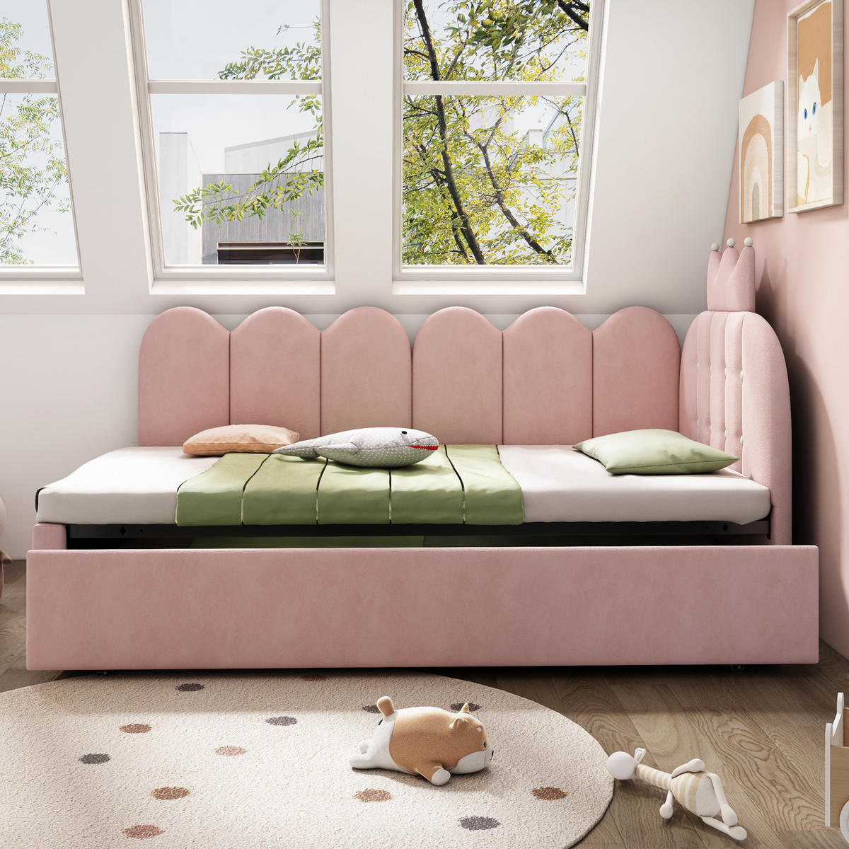 SAMT-POLSTERBETT 90/200 cm mit Ausziehbett und gepolstertem Kopfteil in Rosa - Rosa, Textil (90/200cm) - BEAOK