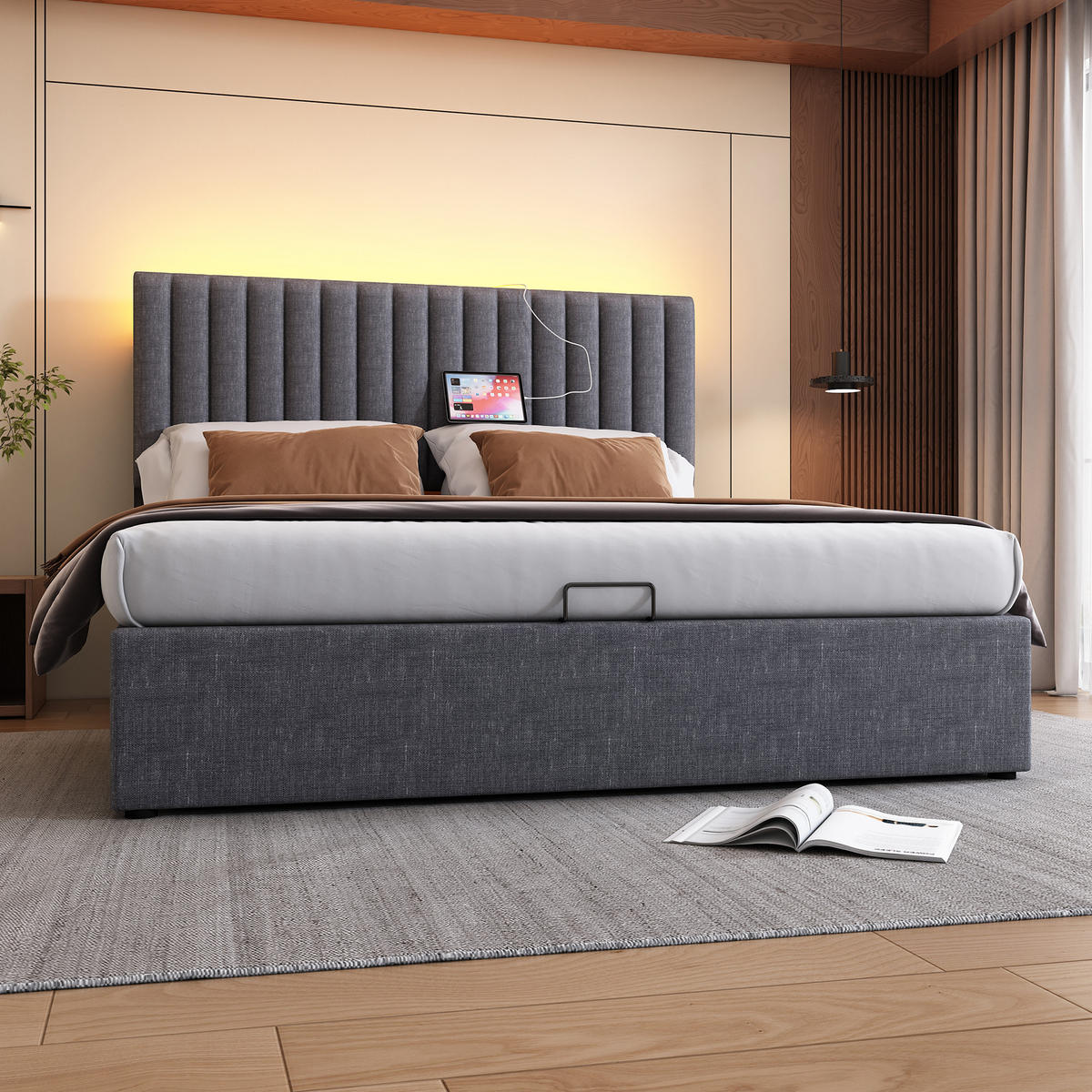 POLSTERBETT 160/200 cm grau mit Stauraum und LED-App-Steuerung mit Matratze - Grau, Textil (160/200cm) - OKWISH