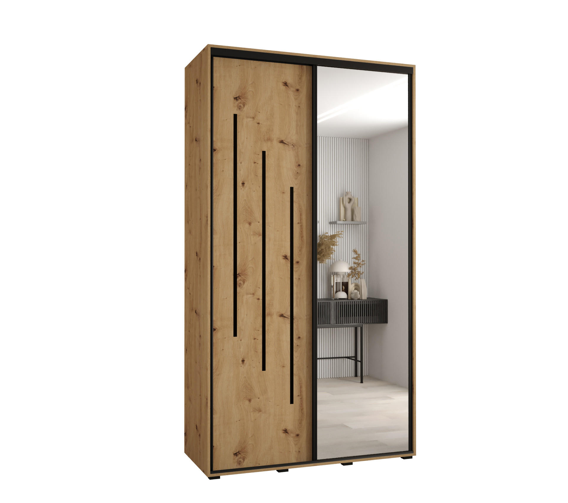 Abiks Möbel Schwebetürenschrank Eiche Artisan, Eiche Artisan, Schwarz 130x235x60 cm