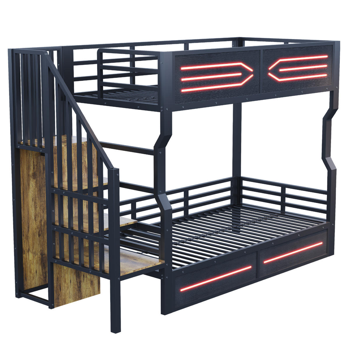 ETAGENBETT 90/200 cm schwarz aus Metall und MDF mit Stauraumtreppe und LED - Schwarz, Metall (90/200cm) - OKWISH