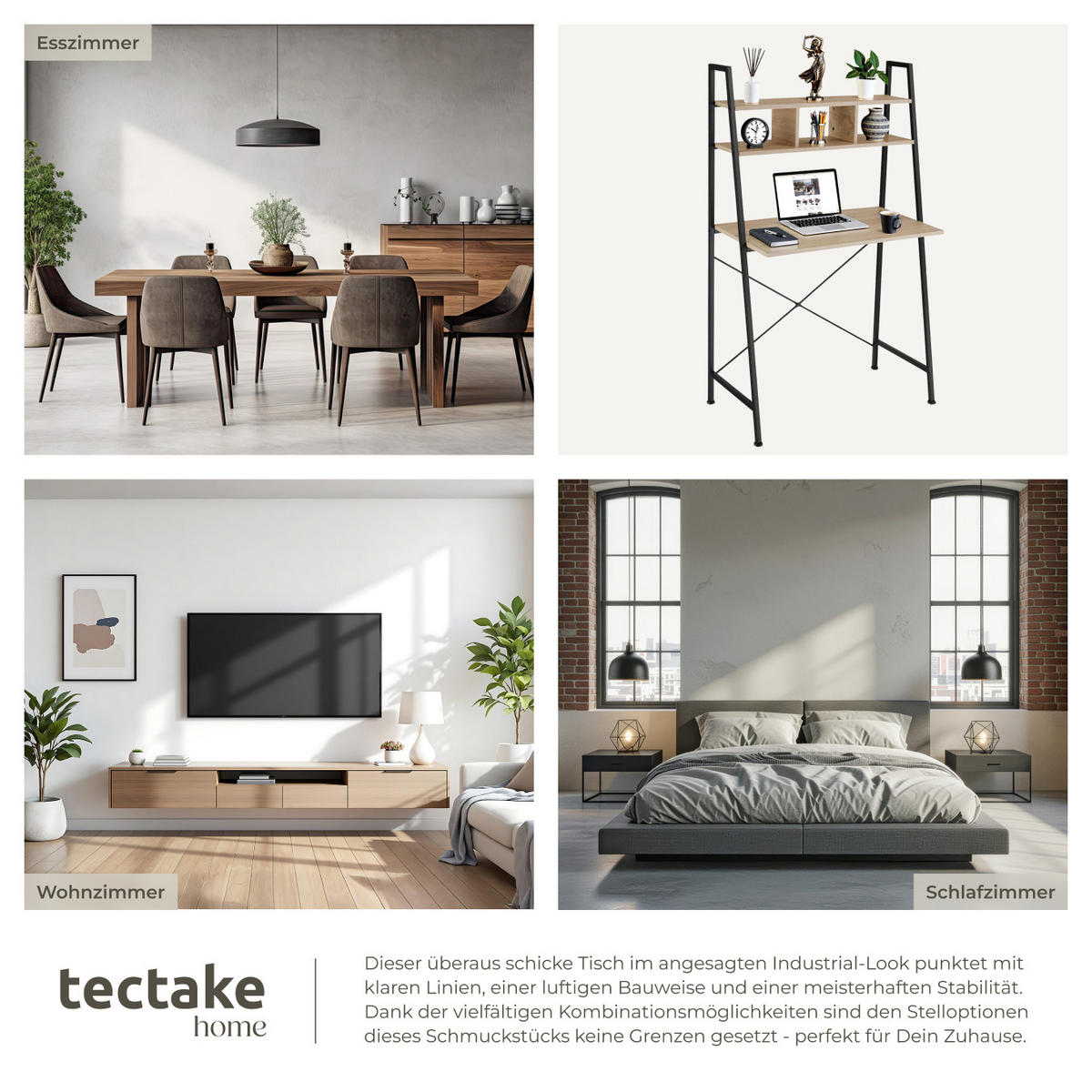 SCHREIBTISCH Exeter,85,5 x 46,5 x 140 cm,Industrial Holz hell, Eiche Sonoma - Naturfarben, Holzwerkstoff (85.5/46.5/140cm) - tectake