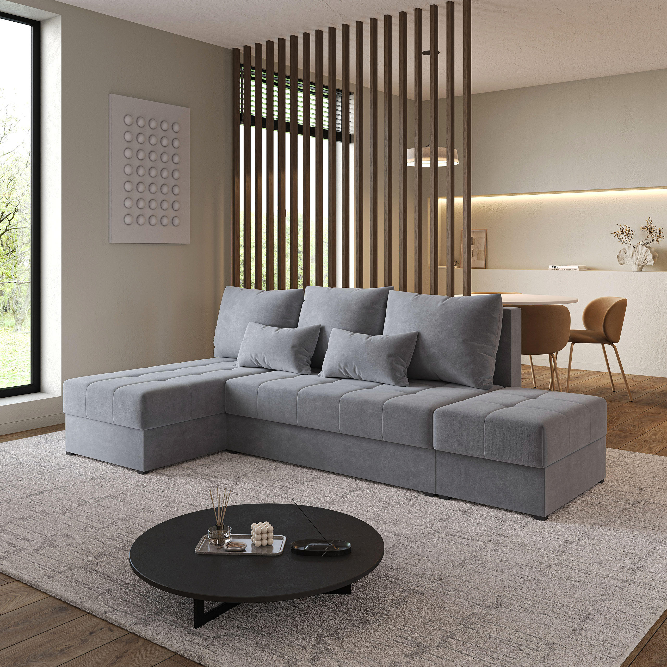 ECKSOFA NORVI Grau Plüsch-Stoff mit Schlaffunktion - Grau, Holz (251/143cm) - MASSENO