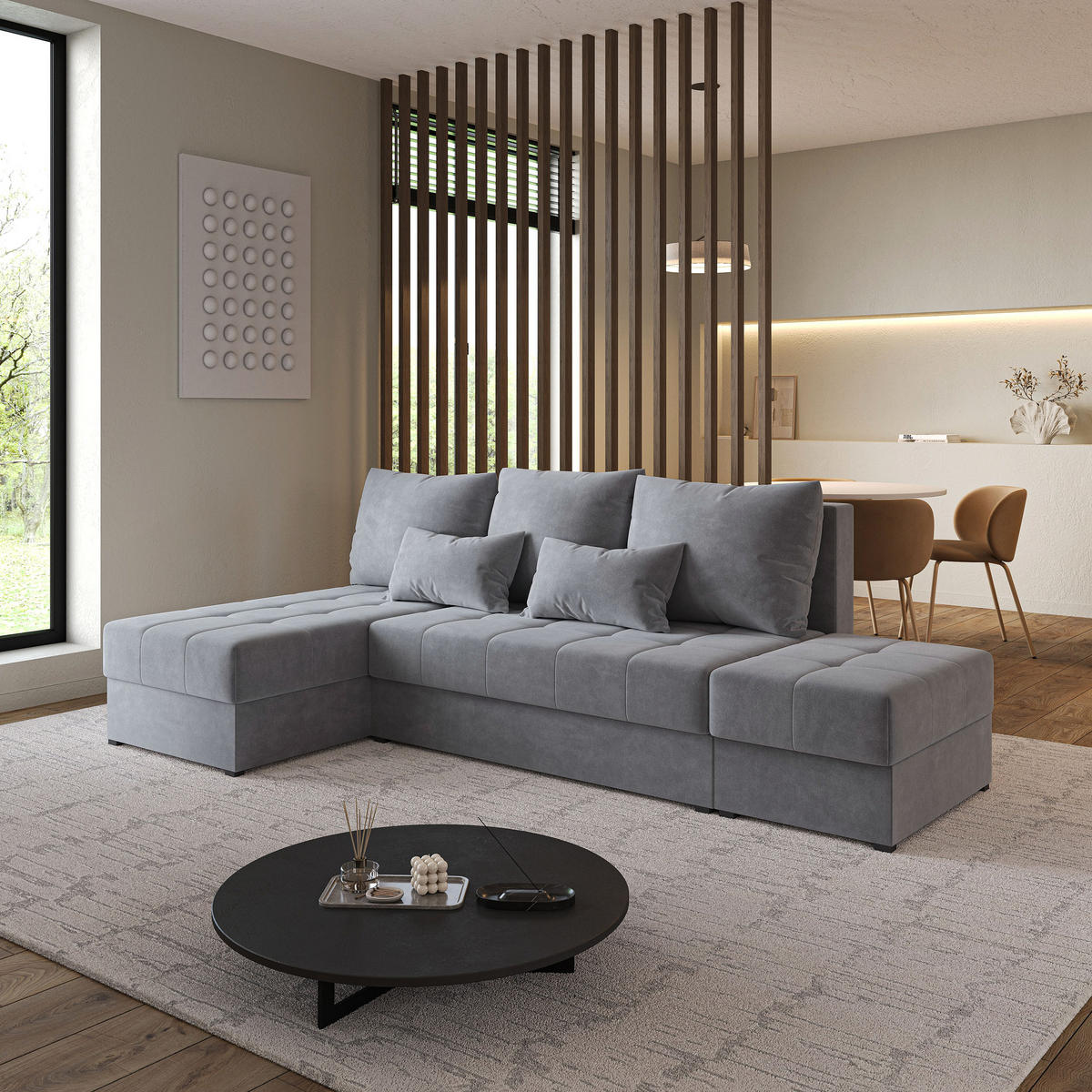 ECKSOFA NORVI Grau Plüsch-Stoff mit Schlaffunktion - Grau, Holz (251/143cm) - MASSENO