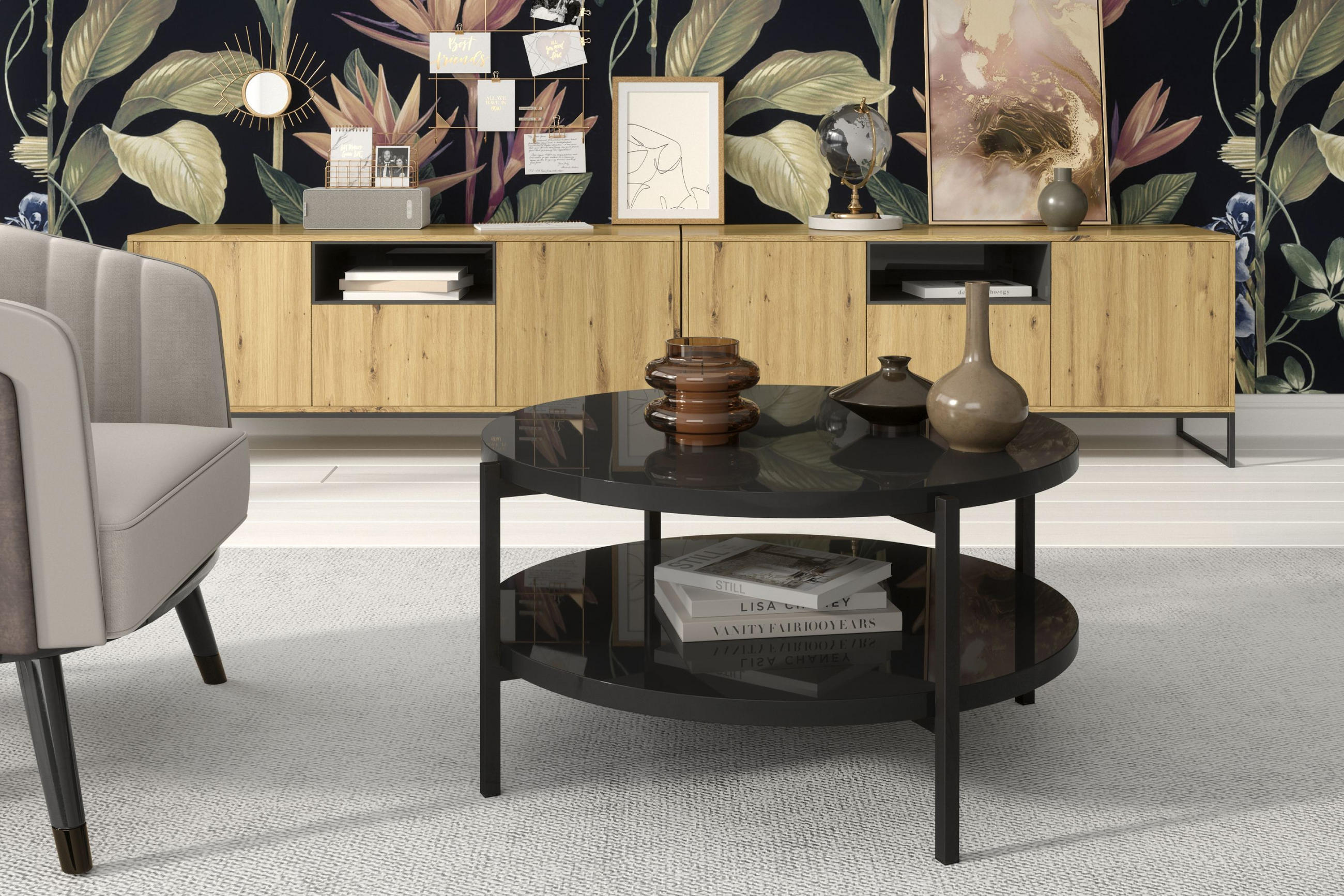 COUCHTISCH GERIS mit Ablageboden, Spanplatte, schwarz - Schwarz Hochglanz/Schwarz, Holz/Metall (85/85/43cm) - KONSIMO®