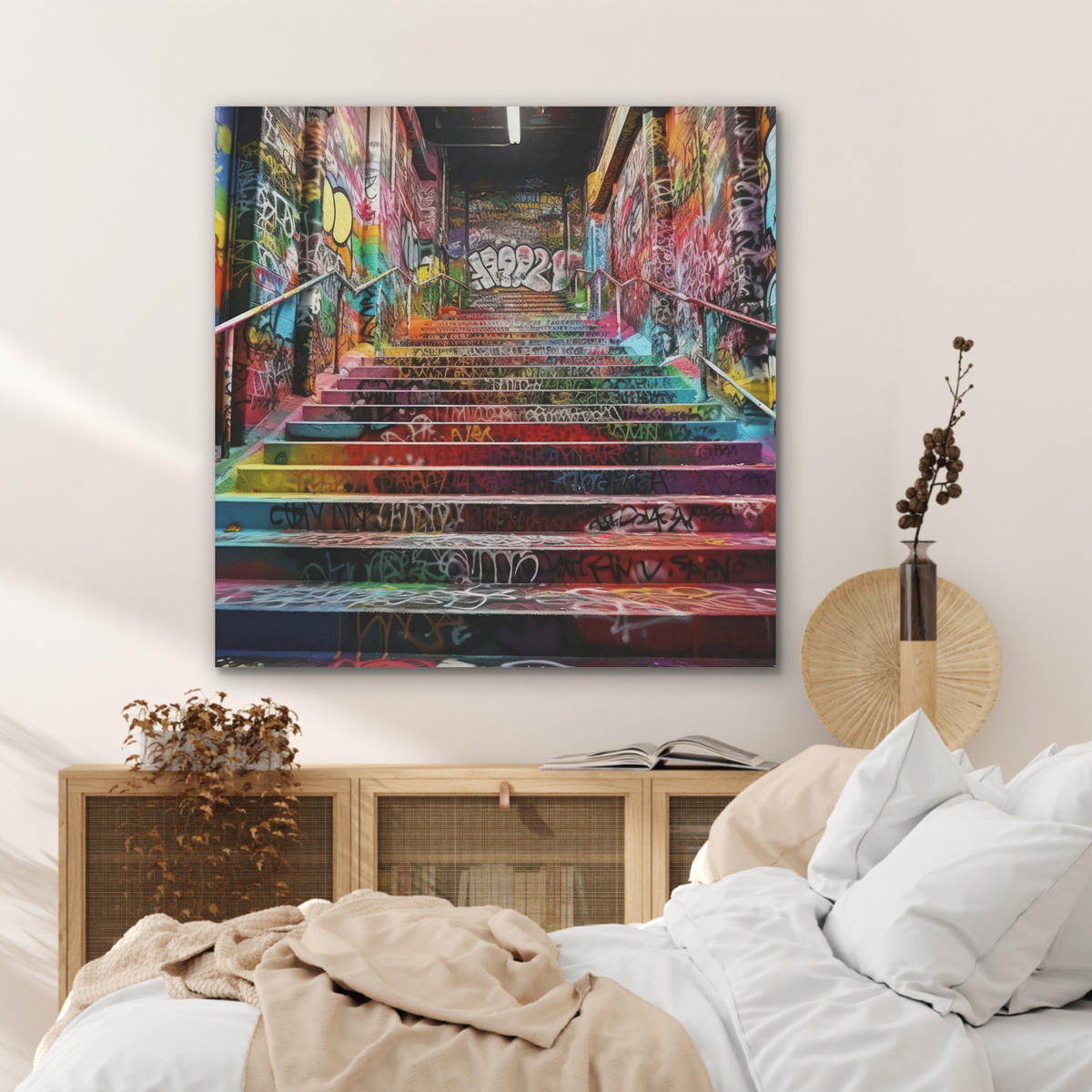 AKUSTIKPANEEL Treppe - Graffiti - Farben - Kunst 90x90 cm - Multicolor, Textil (90/0.9/90cm) - MuchoWow
