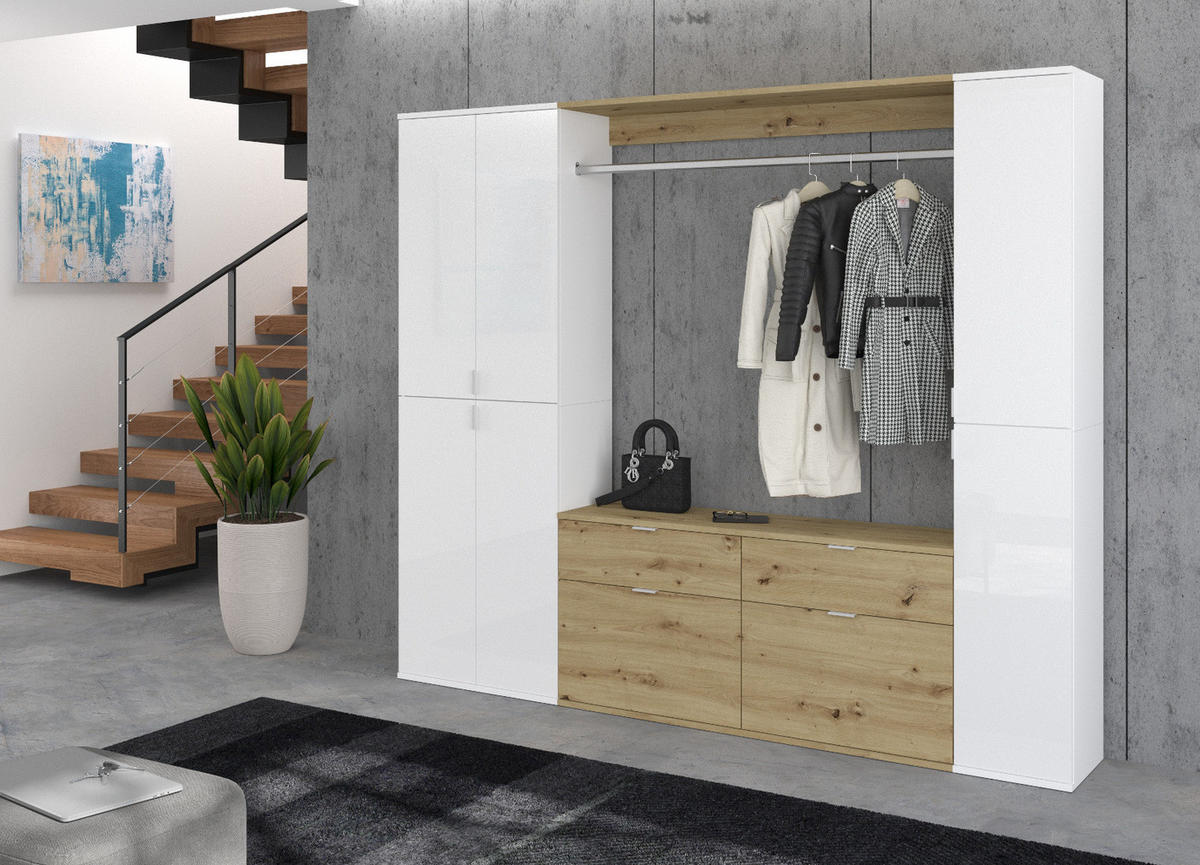 GARDEROBEN-SET weiß Hochglanz, Eiche 212 cm, Komplettset mit viel Stauraum - Chromfarben/Weiß Hochglanz, Holzwerkstoff/Kunststoff (212/193/34cm) - Inn.Furn