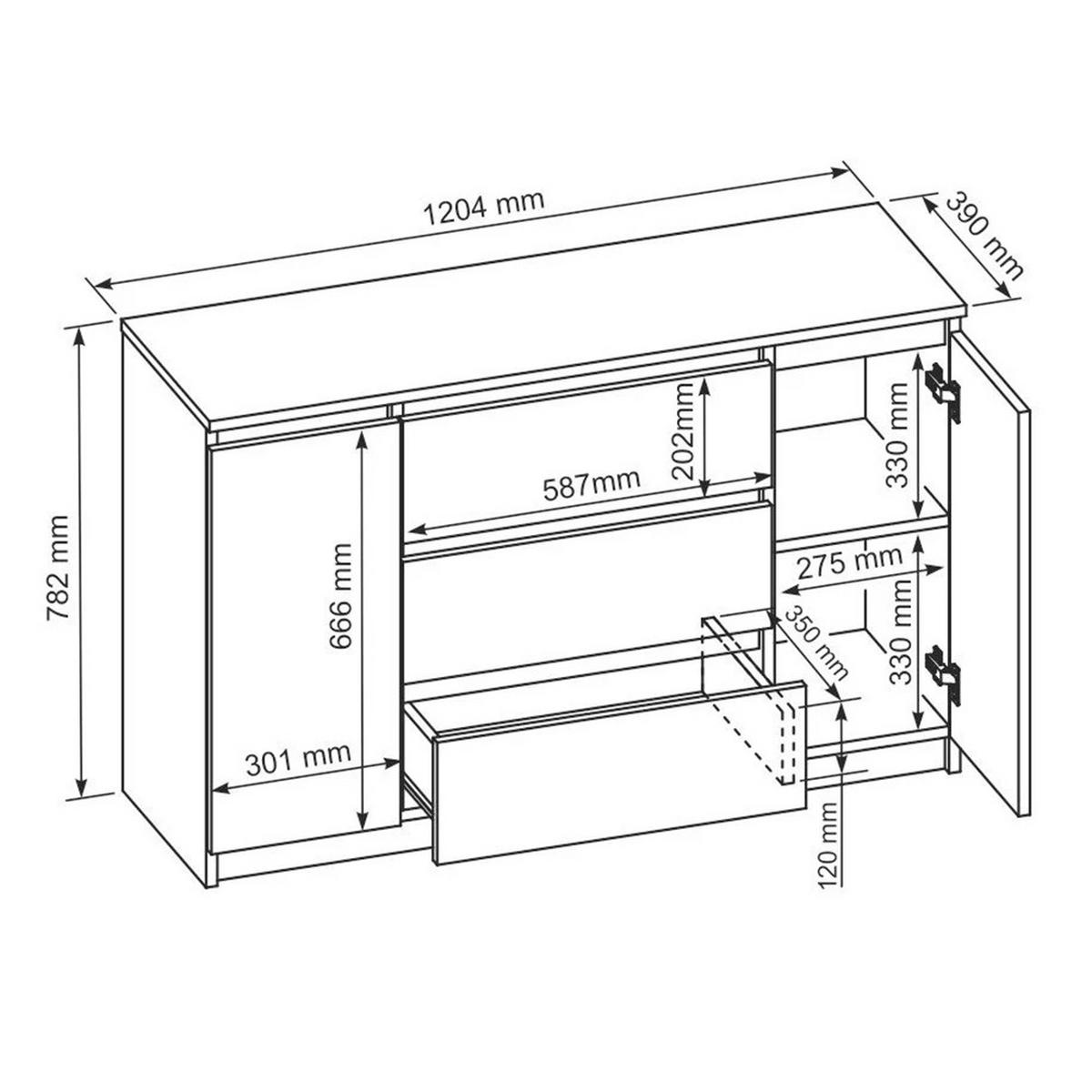 KOMMODE Lemon, mit 2 Türen und 3 Schubladen, 120 cm, Weiß matt - Weiß, Holzwerkstoff (120/78/39cm) - Beautysofa