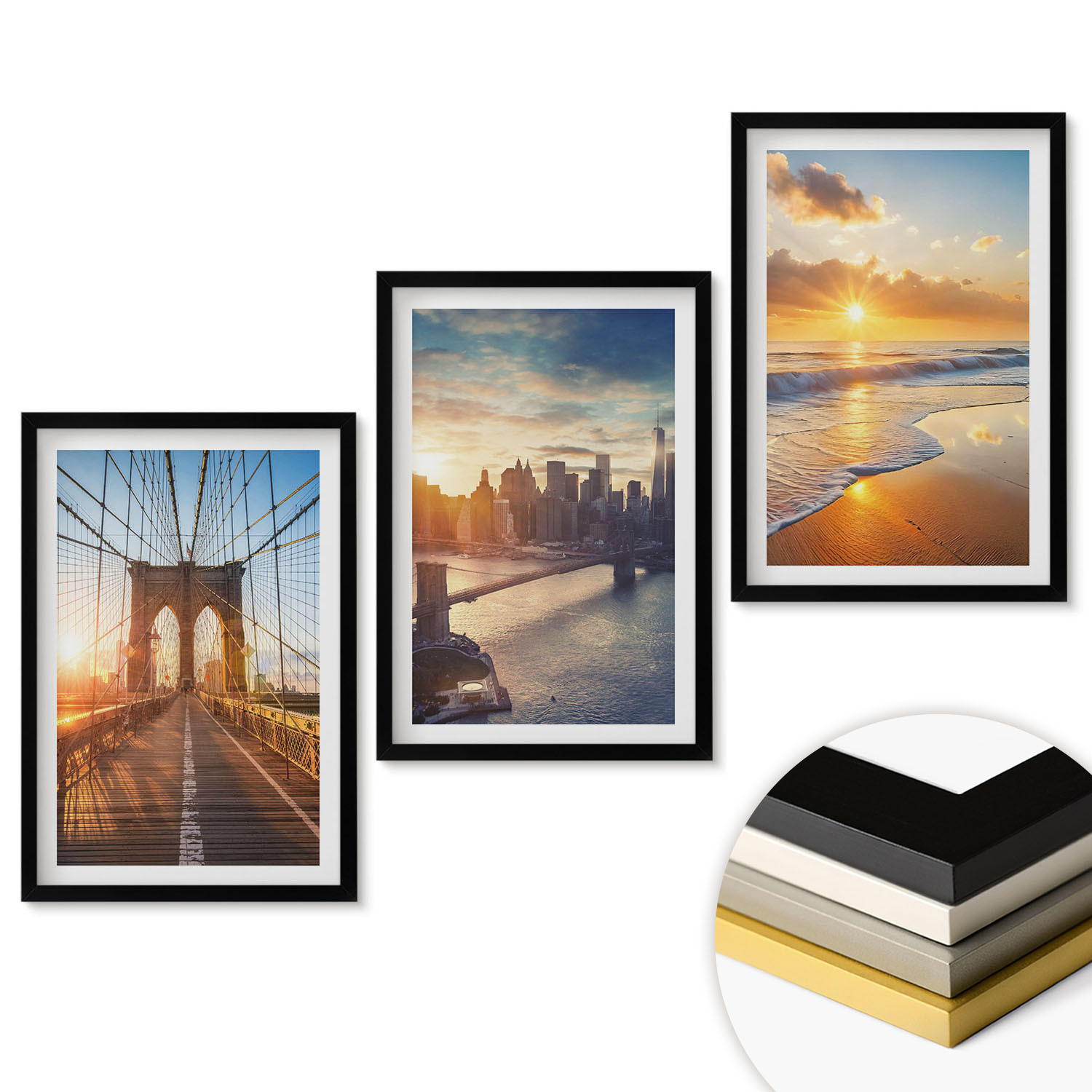 WANDBILDER 3er-Set - 40x60 cm Schwarzer Rahmen - Brücken, Sonnenuntergänge, Stadt - Schwarz, Kunststoff (40/60cm) - ArtPrintCave