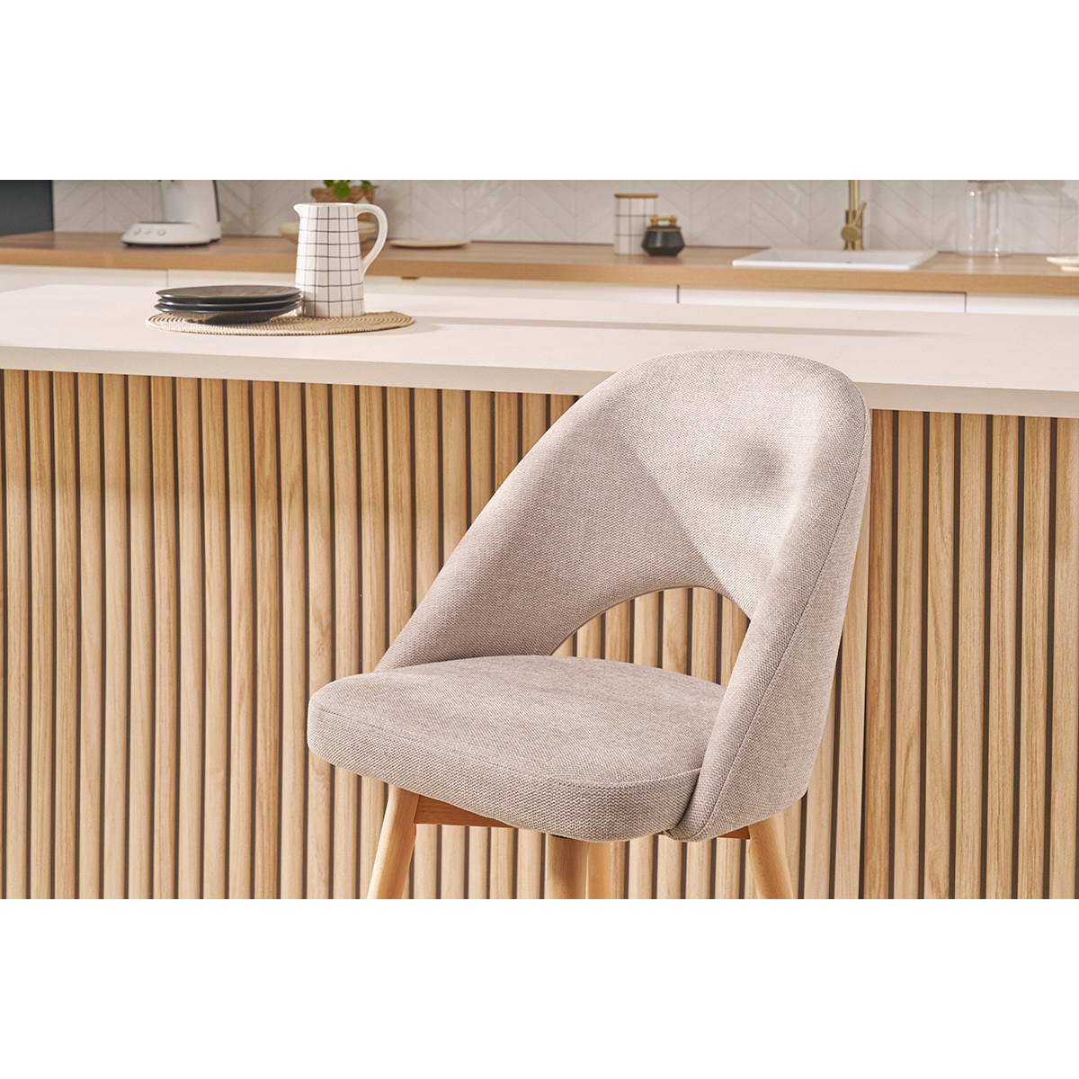 BARHOCKER Skandinavisch Beiger Stoff Samteffekt Massiv Hevea H65 cm 2er-Set COSETTE - Beige, Textil (54/99/51cm) - Miliboo