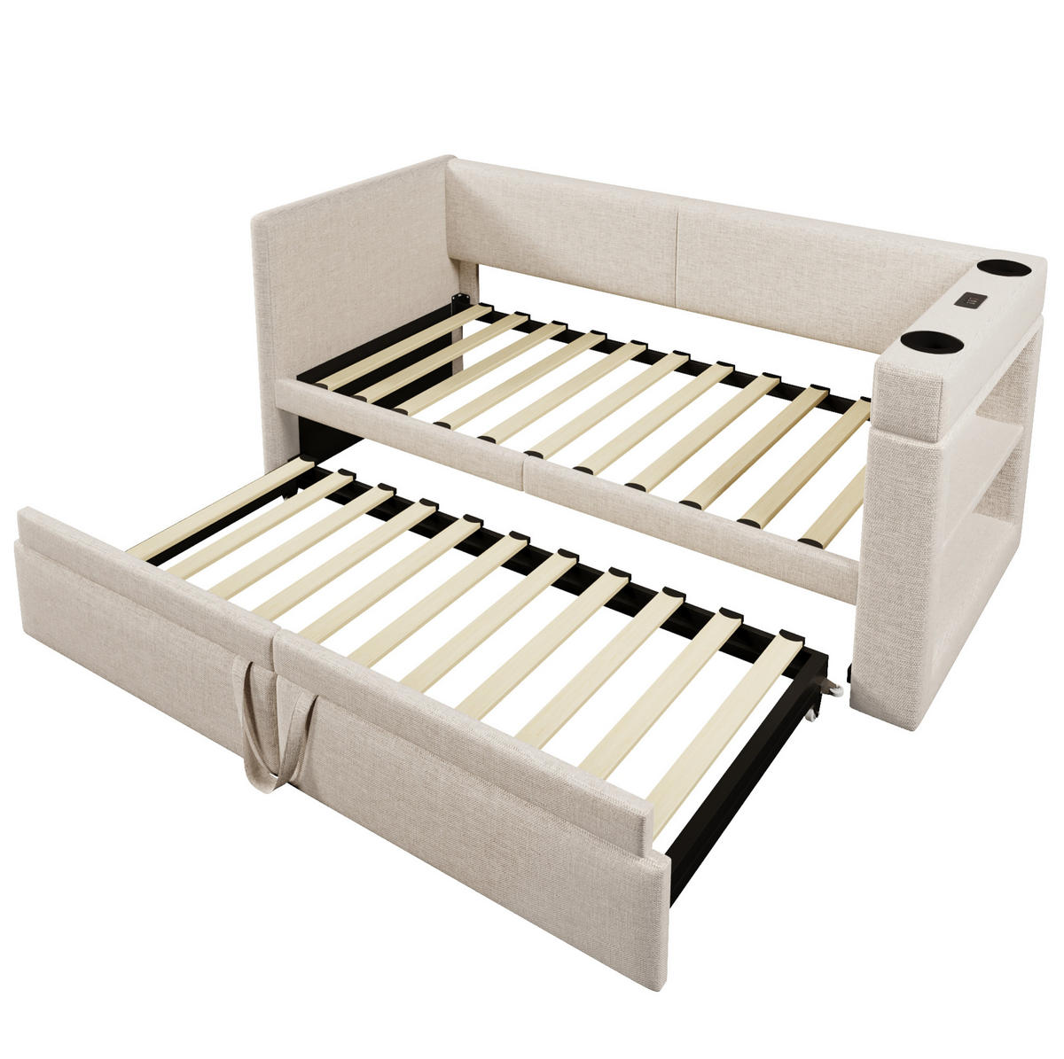 POLSTERBETT aus Baumwoll-Leinen 90x200 cm in Beige mit Ausziehbett & Ladestation - Beige, Textil (90/200cm) - Modfu