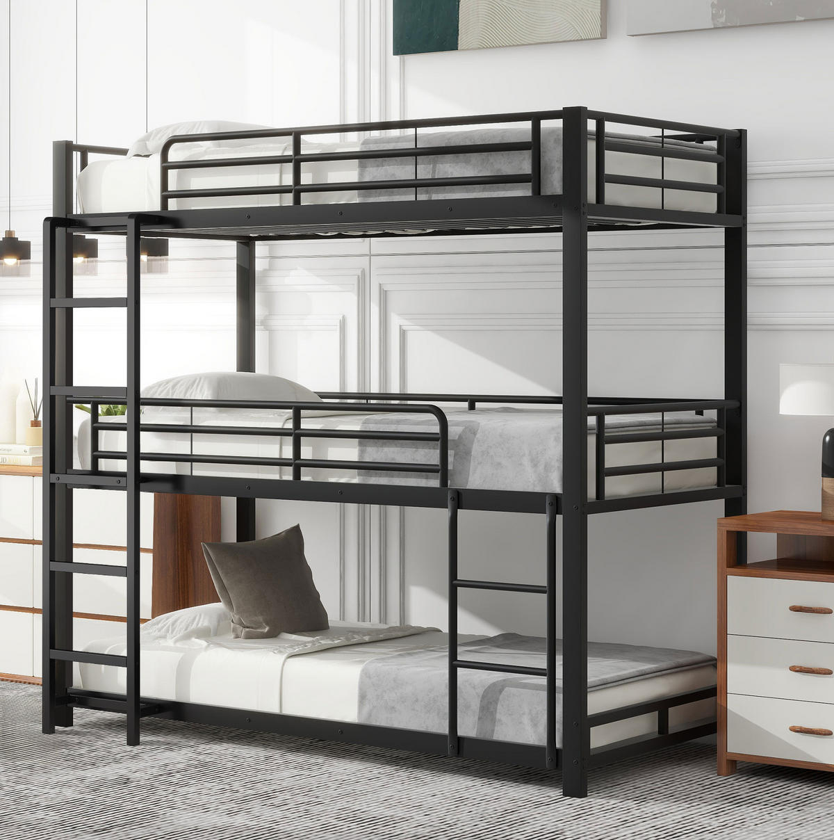ETAGENBETT 90/200 cm aus Metall in Schwarz, Dreifachbett mit Leiter - Schwarz, Metall (90/200cm) - Flora Grace