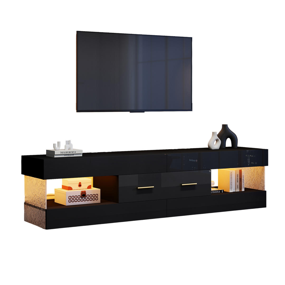 TV-ELEMENT152X35X40CM Schwarz-Hochglanz mit LED-Beleuchtung und Schubladen - Schwarz, Holz (46.71/18.21/89cm) - Raelunyi
