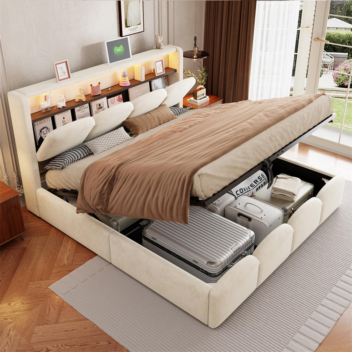 POLSTERBETT 140x200 cm mit KopfteilStauraum & hydraulischem Stauraum - USB und Type-C & LED - Beige - Beige, Textil (140/200cm) - DELFA