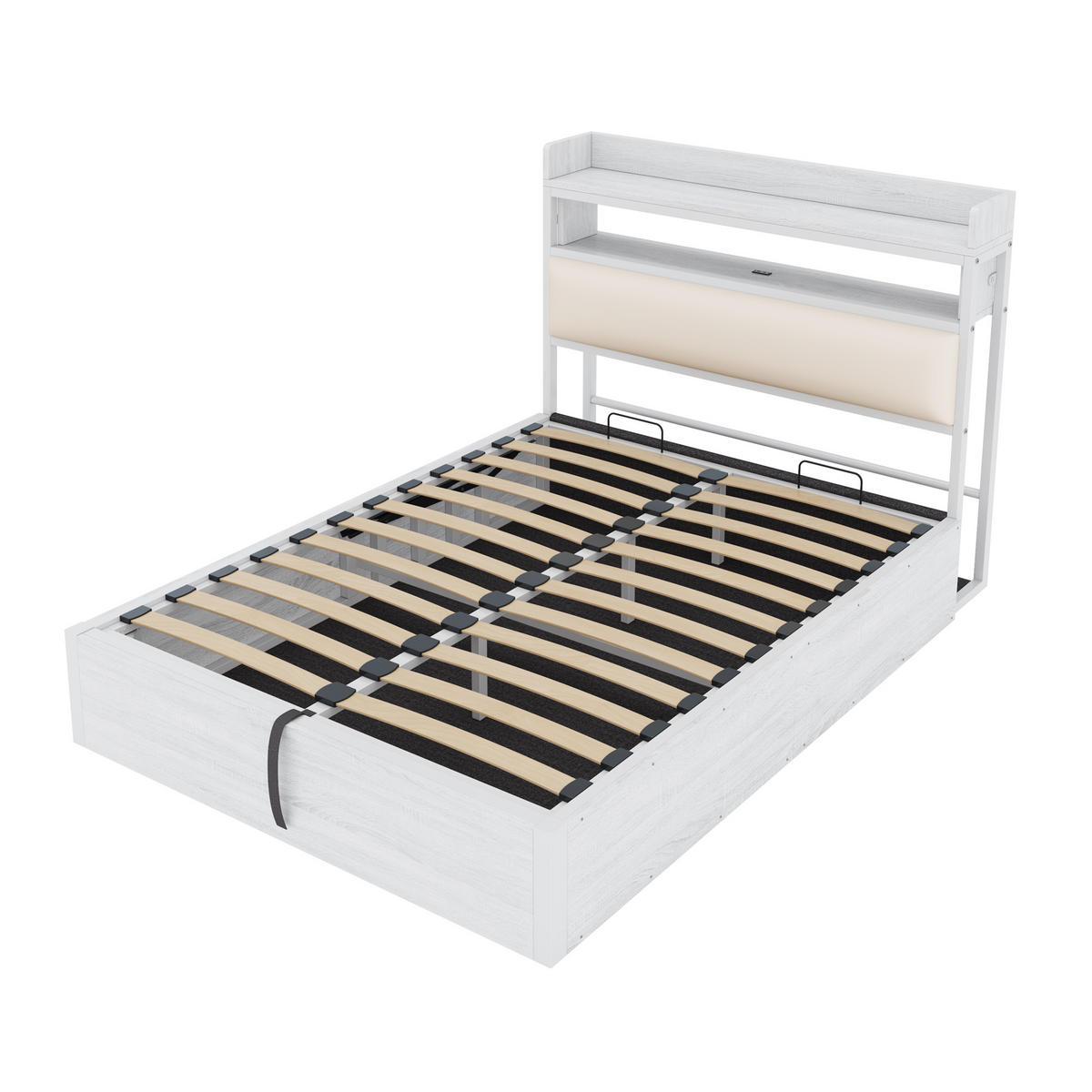 BETTRAHMEN 140/200 cm mit hydraulischer Hebevorrichtung und USB-Anschlüssen Weiß - Weiß, Metall (140/200cm) - OKWISH