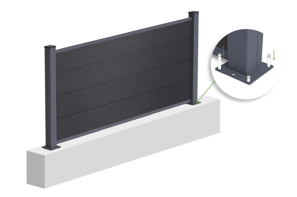 VERBUNDZAUN 2 m STOCKHORN H. 90 cm auf Sockel, grau - Grau, Holzwerkstoff (200/90cm) - Casanoov