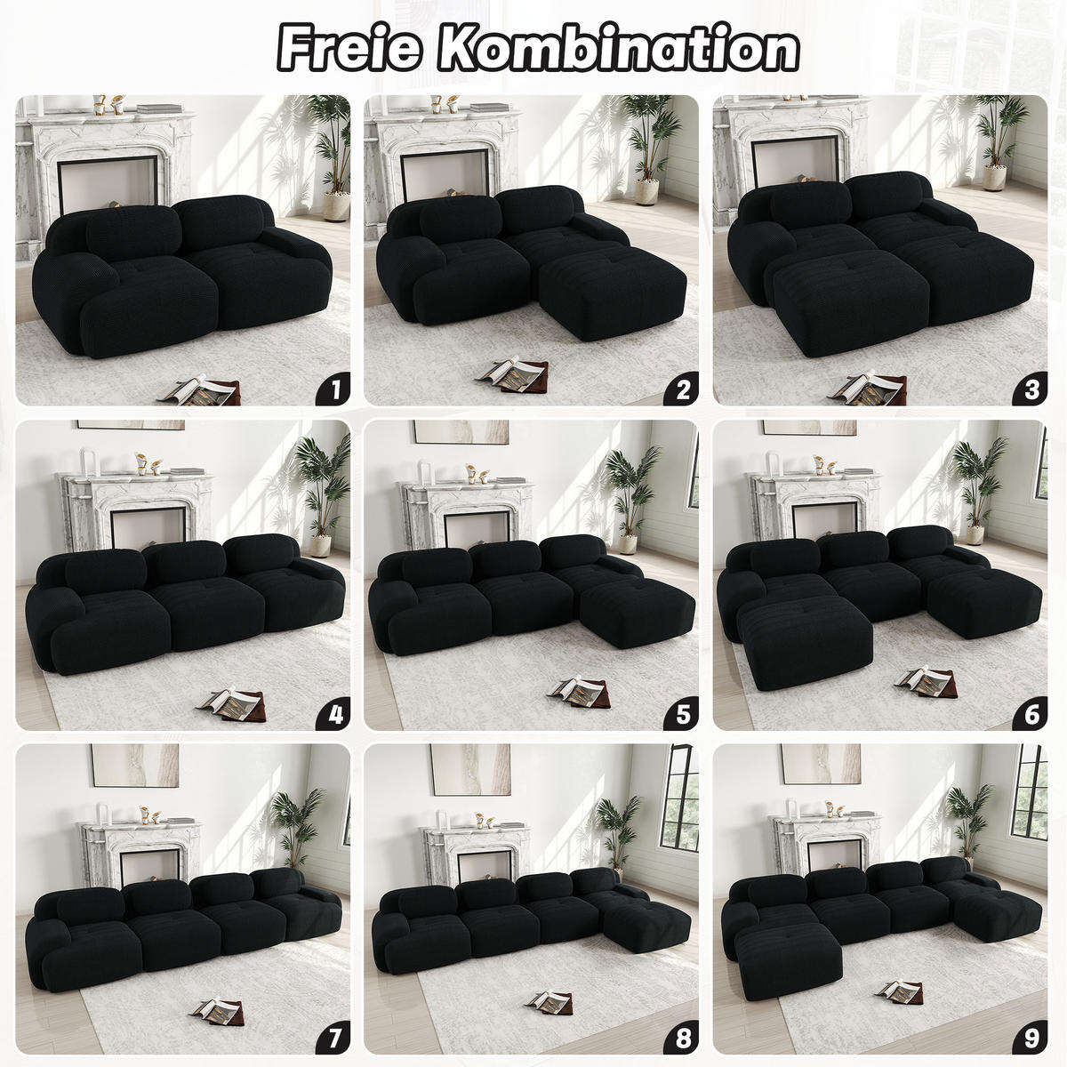 3-SITZER Sofa 298×103×75 cm Cordstoff rahmenlos modular, schwarz - Schwarz, Textil (103/75/298cm)
