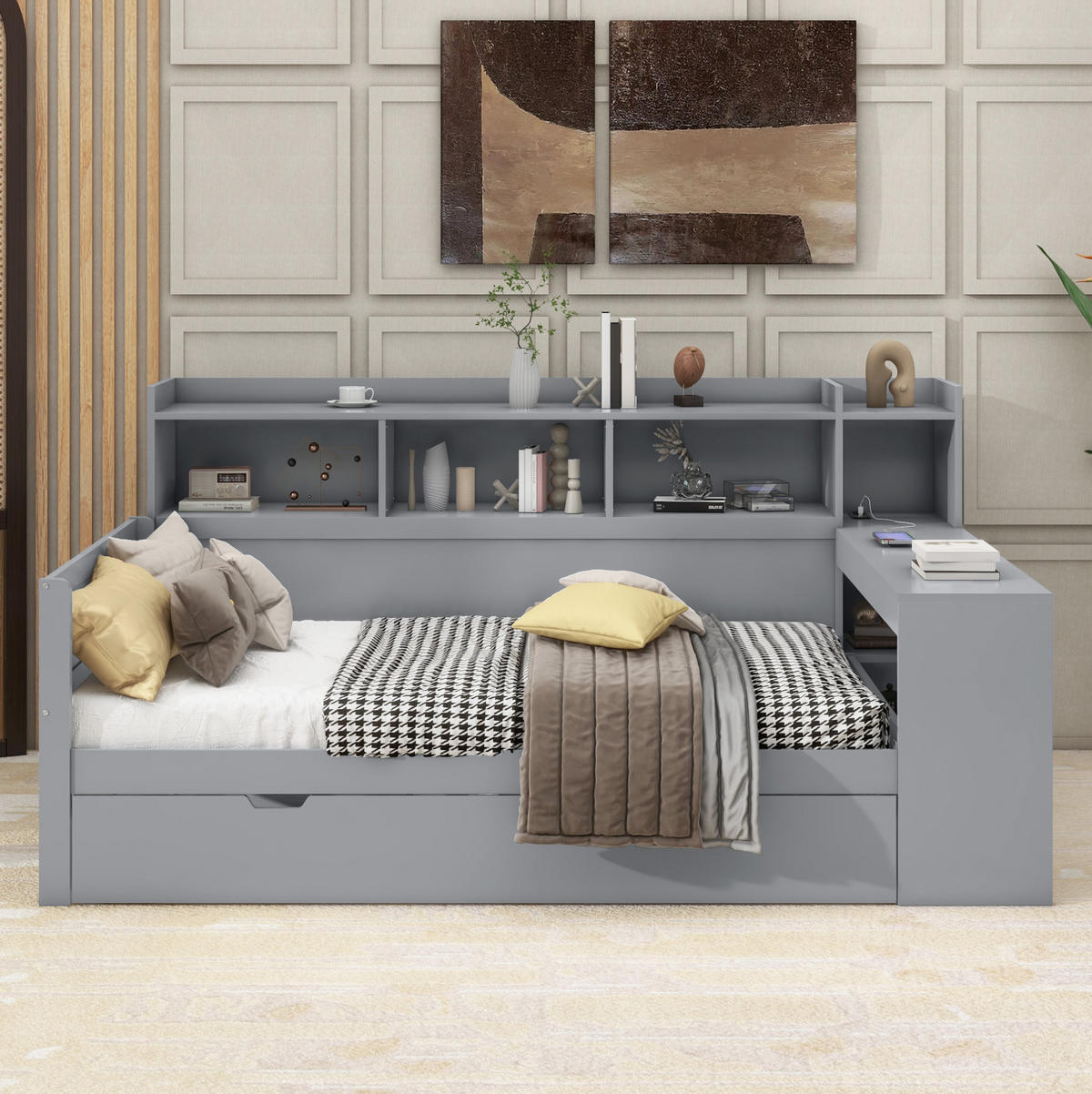 BETT 90/200 cm Grau mit Schreibtisch, 2 Schubladen und USB-Anschluss - Grau, Holzwerkstoff (90/200cm) - Flora Grace