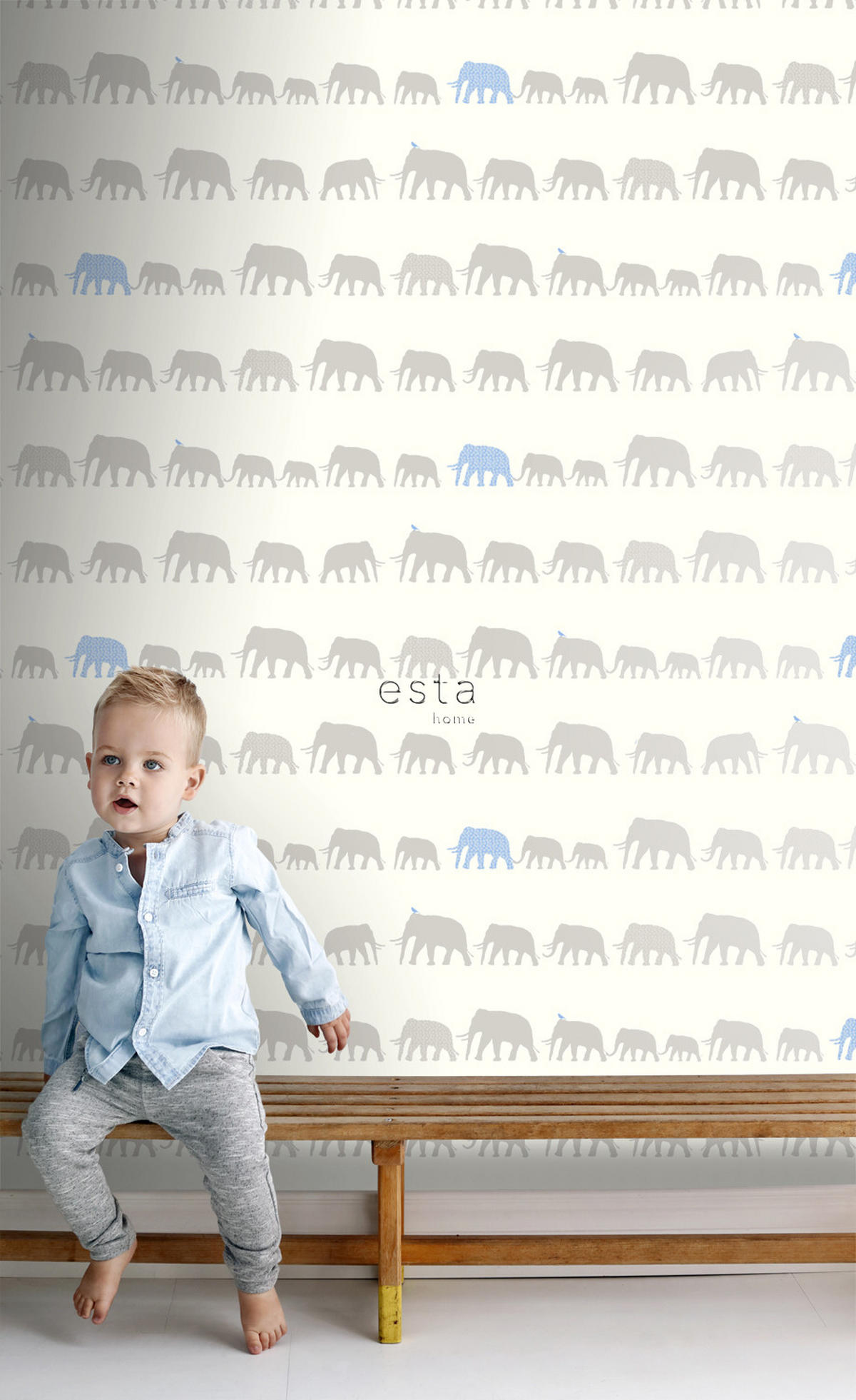 TAPETE Elefanten 53 cm x 10.05 m - Blau, Papier (53/0.1cm) - ESTAhome