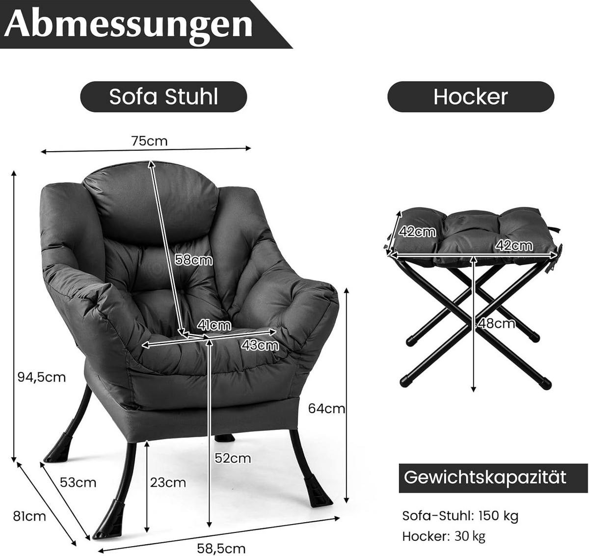 RELAXAČNÉ KRESLO 95 cm, sivé - sivá, textil (81/95/75cm) - COSTWAY