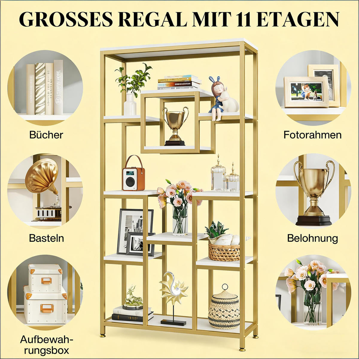 BÜCHERREGAL Gold/Weiß 11 offene Fächer 90/34/182,5 cm - Goldfarben, Metall (90/182.5/34cm) - PANGIVO