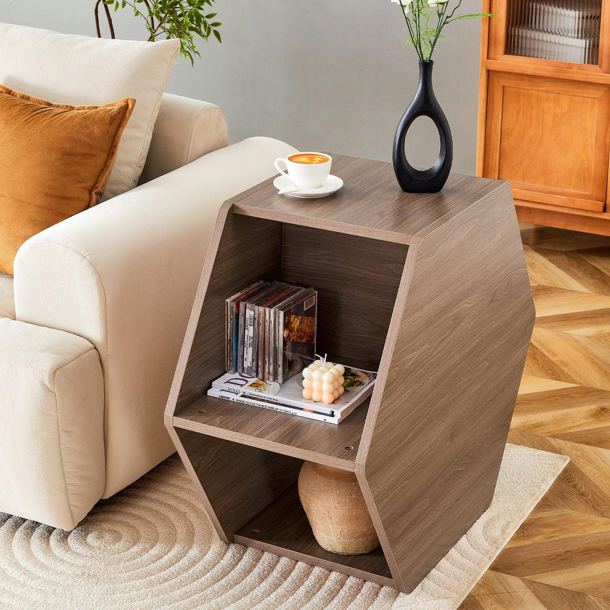 COUCHTISCH 69/79/40cm,Sechseckiger Tisch,Beistelltisch aus MDF,Braun - Braun, Holz (79/69.4/40cm) - LVHOM