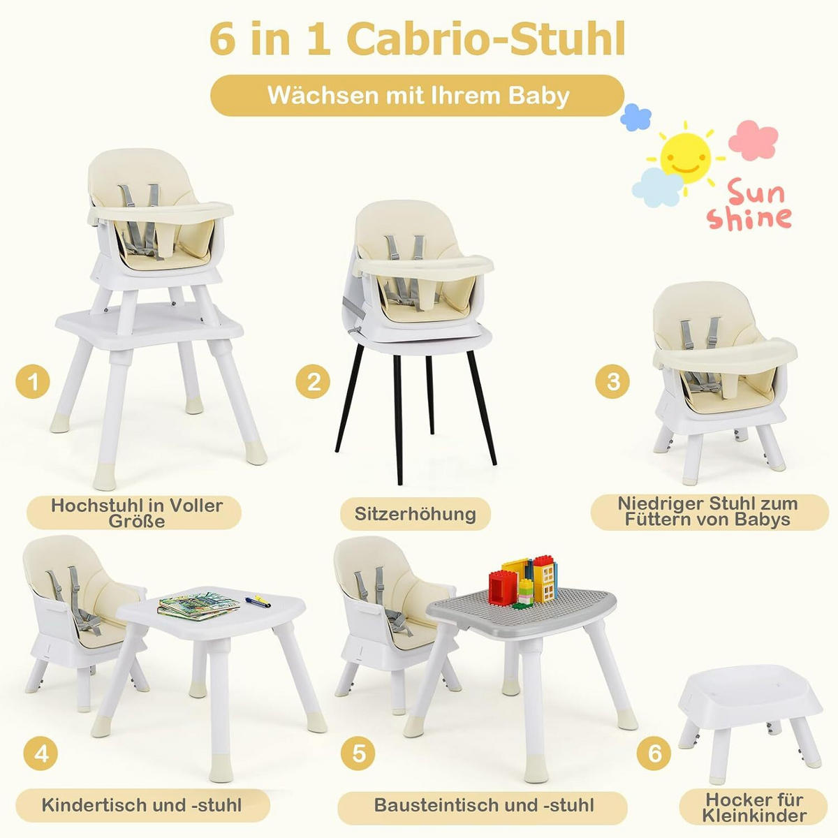 KINDERHOCHSTUHL mit Sicherheitsgurt & abnehmbarem Trichter beige - Beige, Kunststoff (58/98/58cm) - COSTWAY
